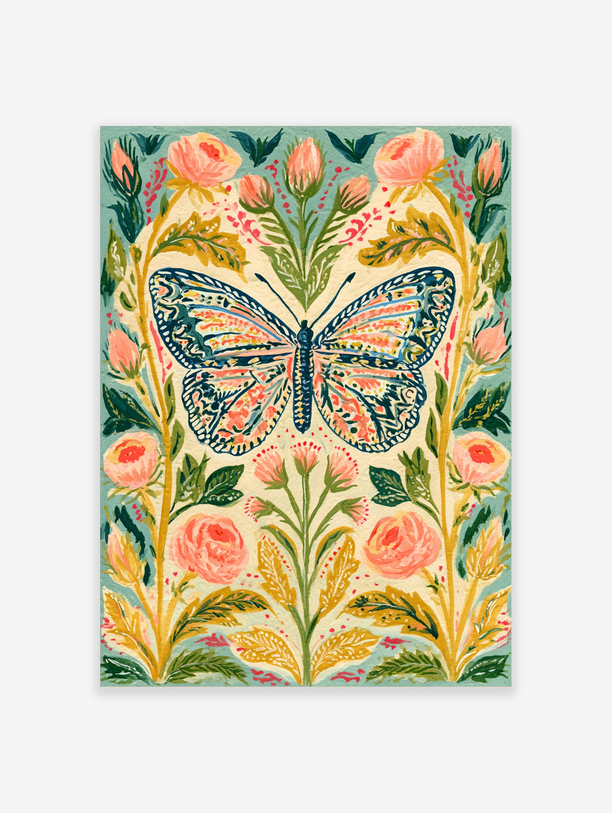 Painted butterfly with pink roses and green leaves on teal background art print