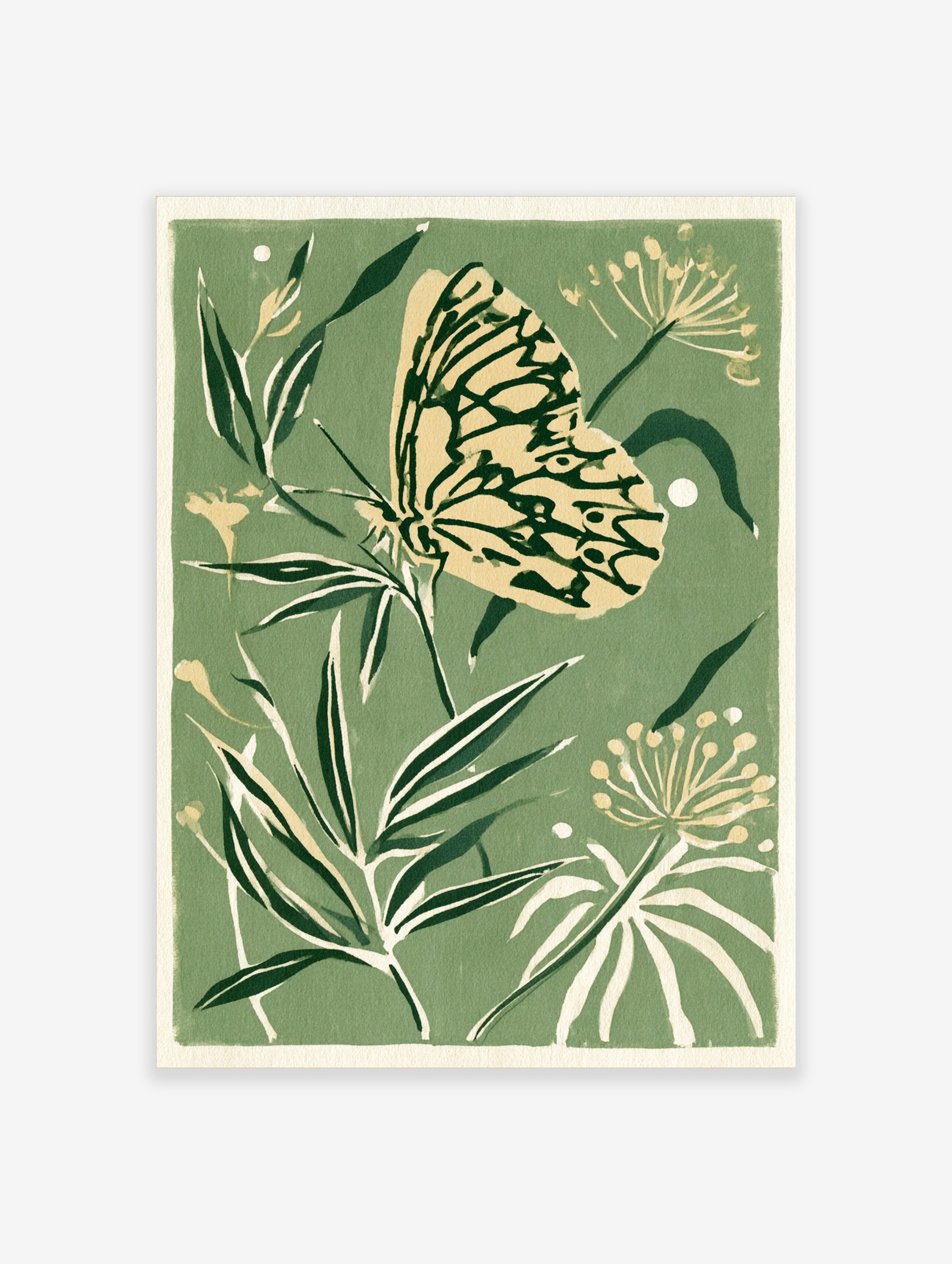 Butterfly and botanical foliage illustration in sage green and cream colours as a botanical art print
