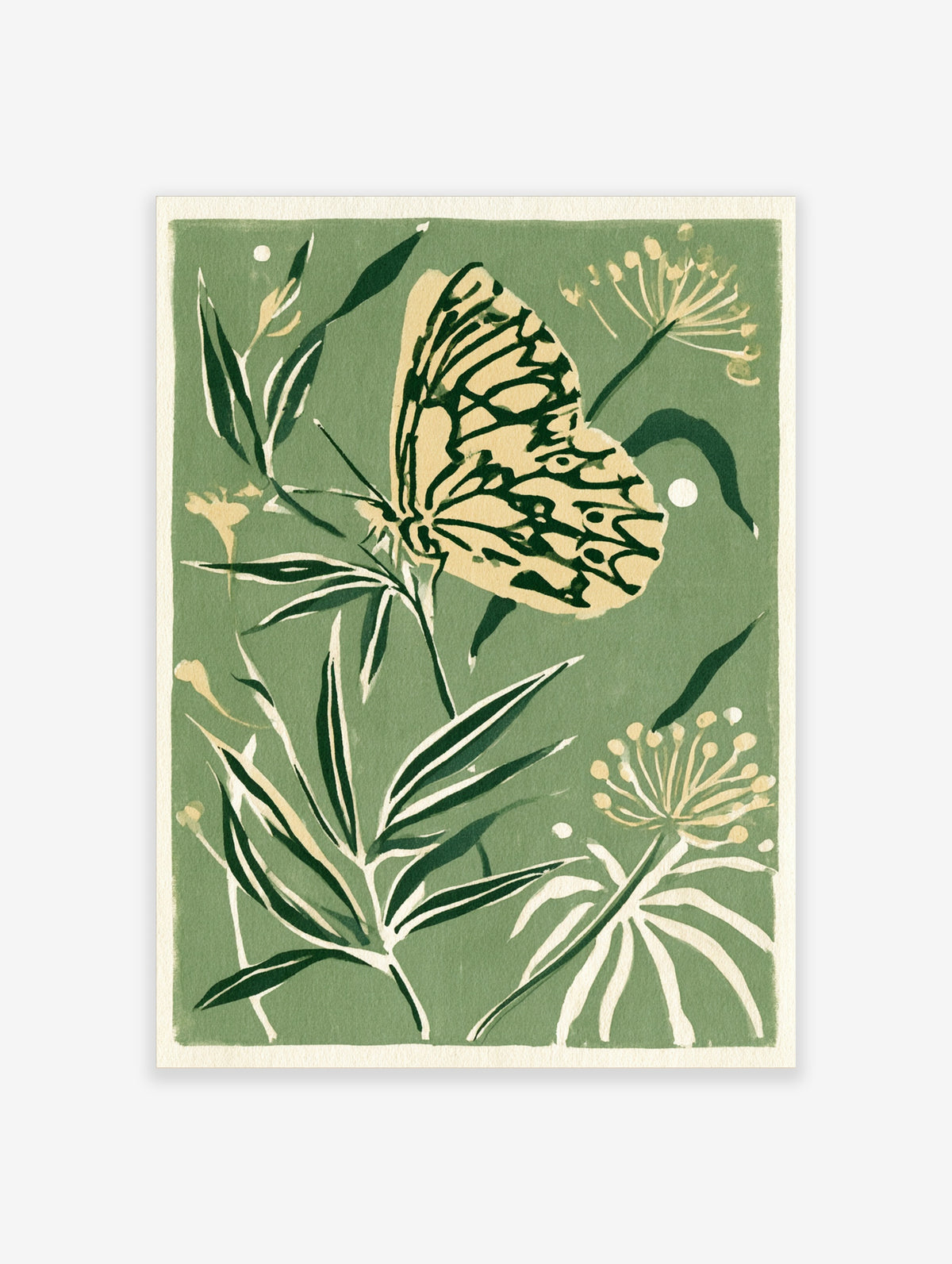 Butterfly and botanical foliage illustration in sage green and cream colours as a botanical art print
