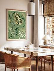 Butterfly and botanical foliage illustration in sage green and cream colours as a botanical art, in a styled room mockup