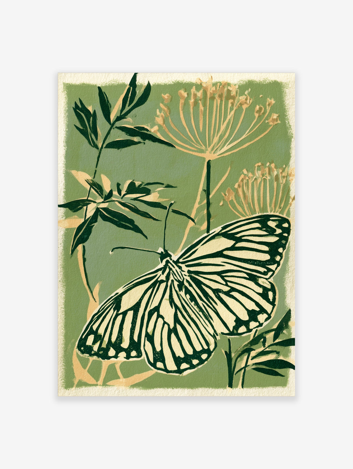 Botanical art print featuring a detailed butterfly with striped wings on a sage green background with floral stems