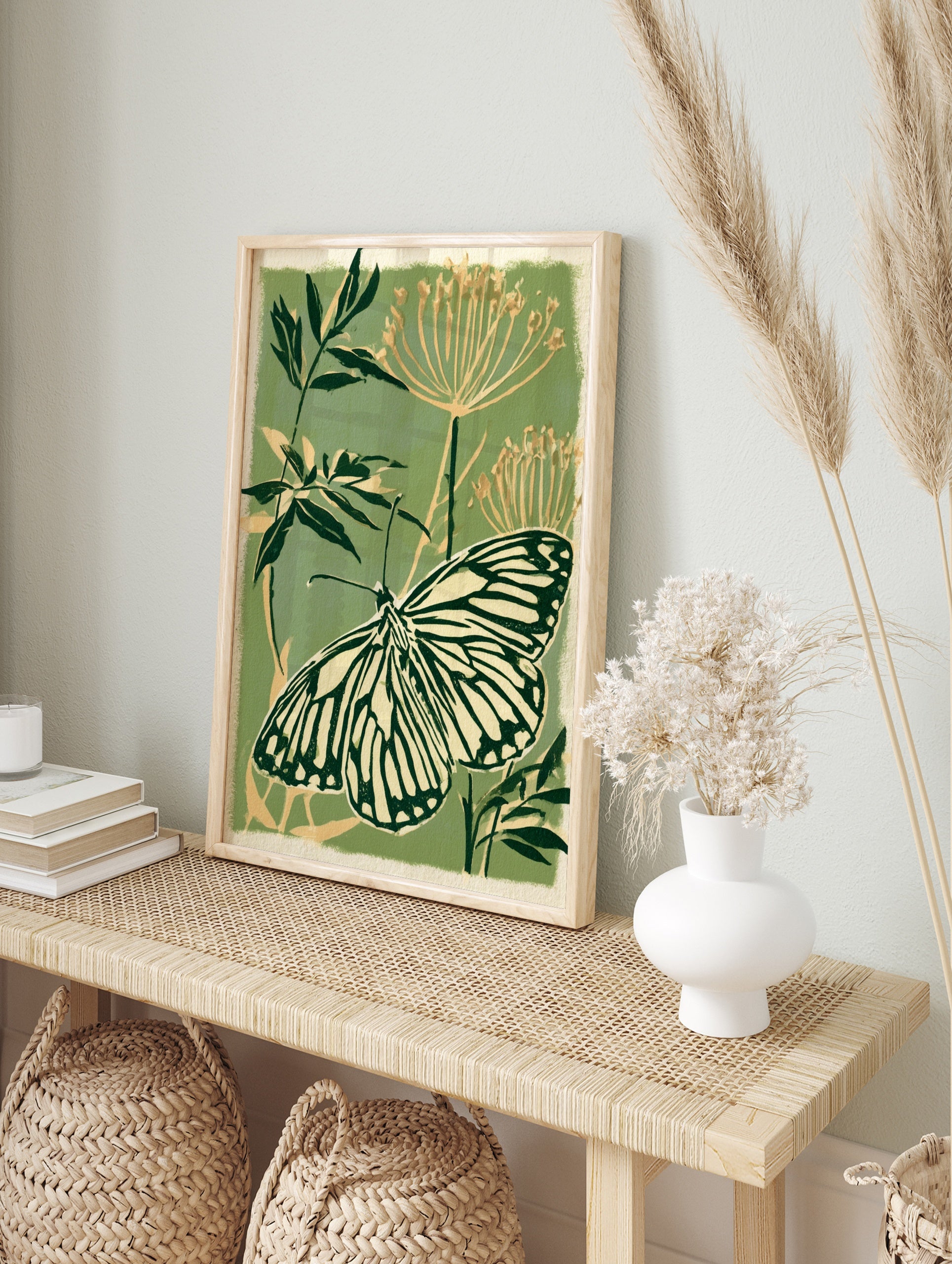 Botanical art print featuring a detailed butterfly with striped wings on a sage green, in an alternate framed mockup
