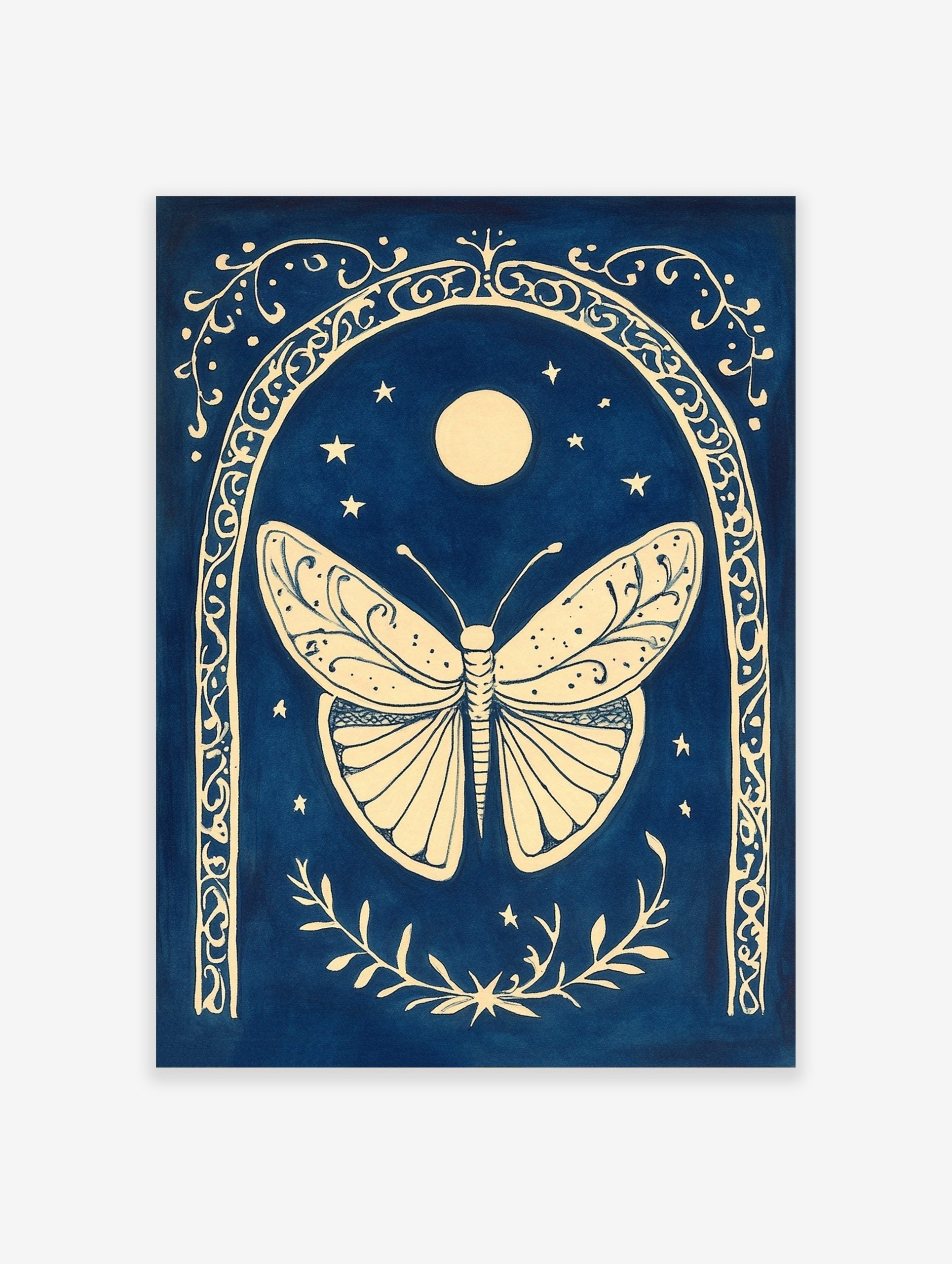 Ornate cream butterfly within a decorative arch, with moon and stars on a deep blue background