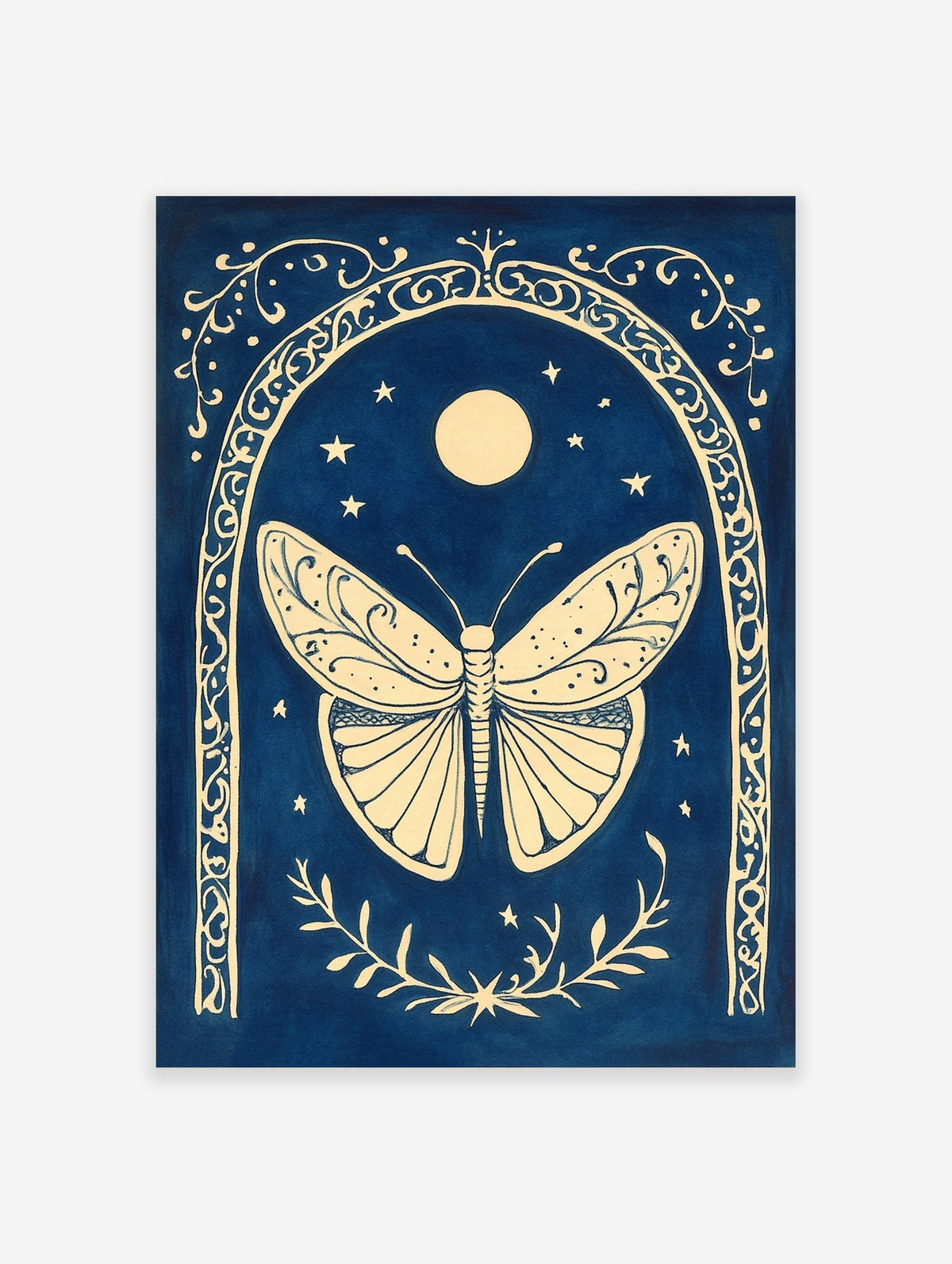 Ornate cream butterfly within a decorative arch, with moon and stars on a deep blue background