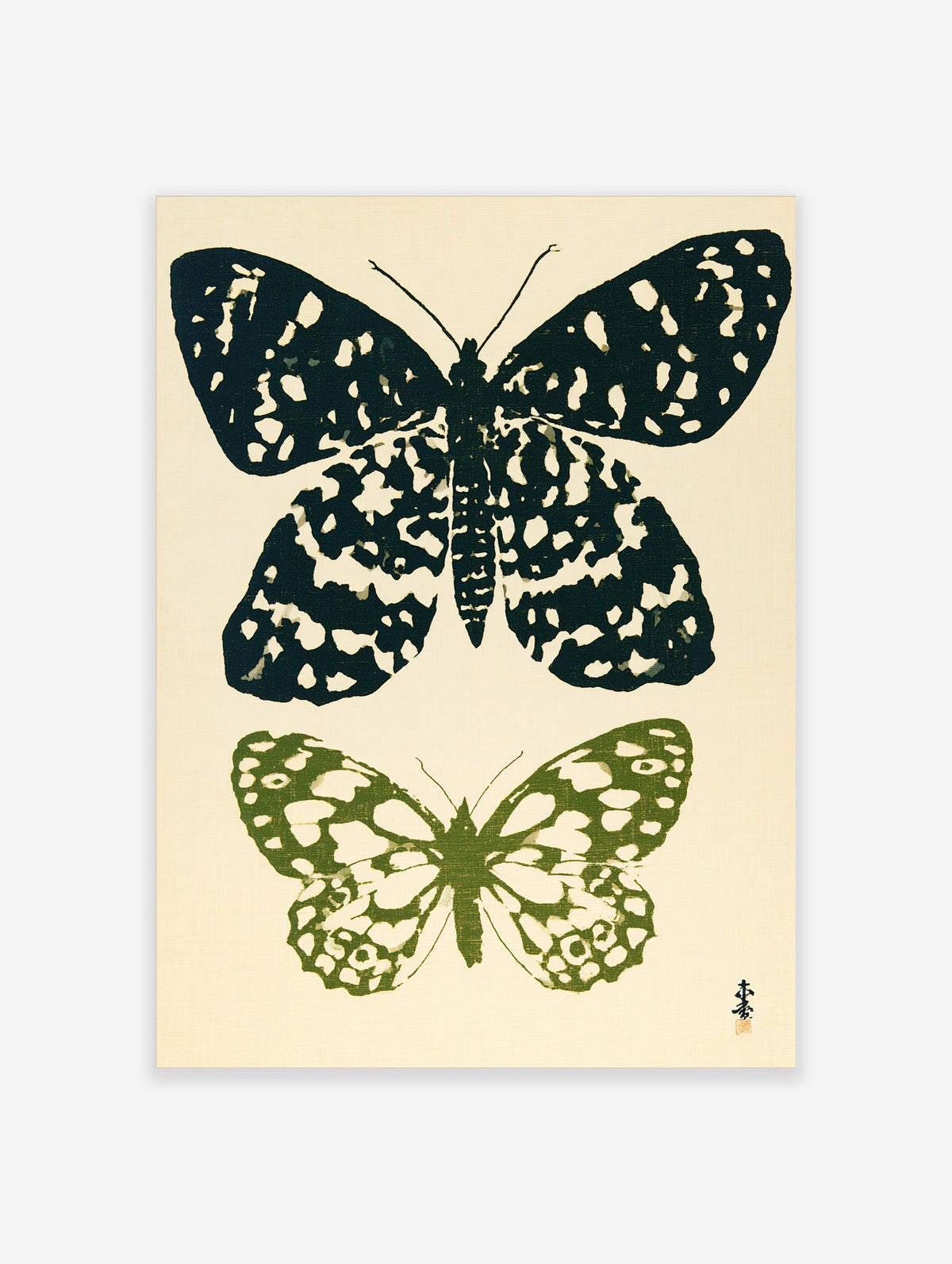 Botanical butterfly illustration art print with one black and one green butterfly on a light background