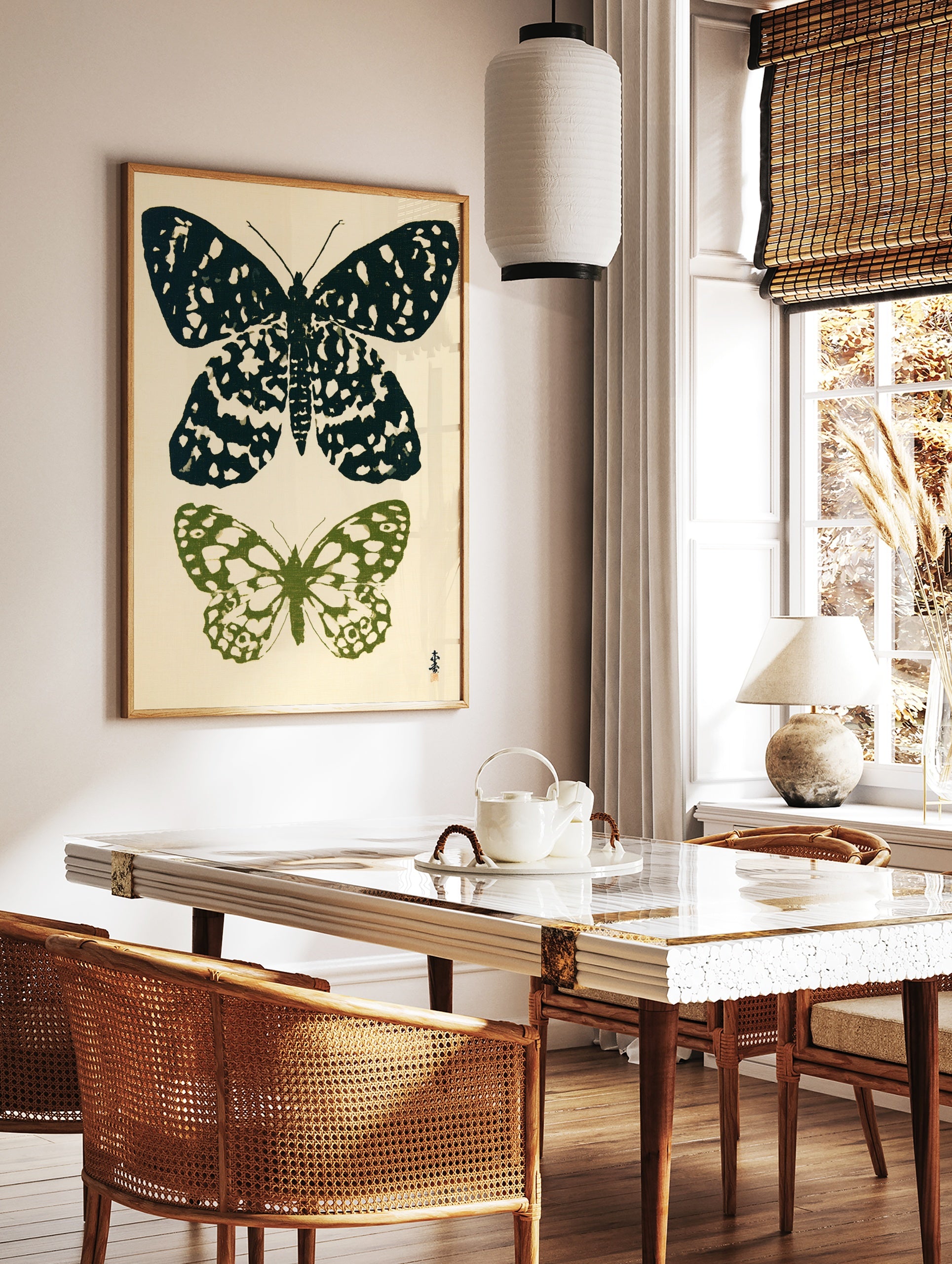 Botanical butterfly illustration art print with one black and one green butterfly on a light, in a styled room mockup