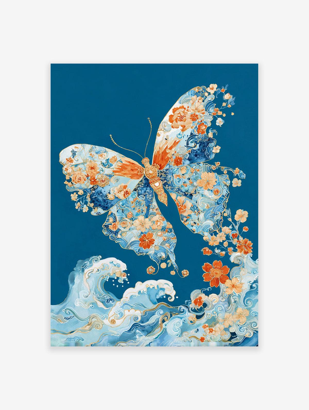 Butterfly poster with intricate orange floral patterns and blue waves on a deep teal background, Japanese art style.