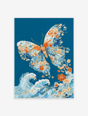 Butterfly poster with intricate orange floral patterns and blue waves on a deep teal background, Japanese art style.