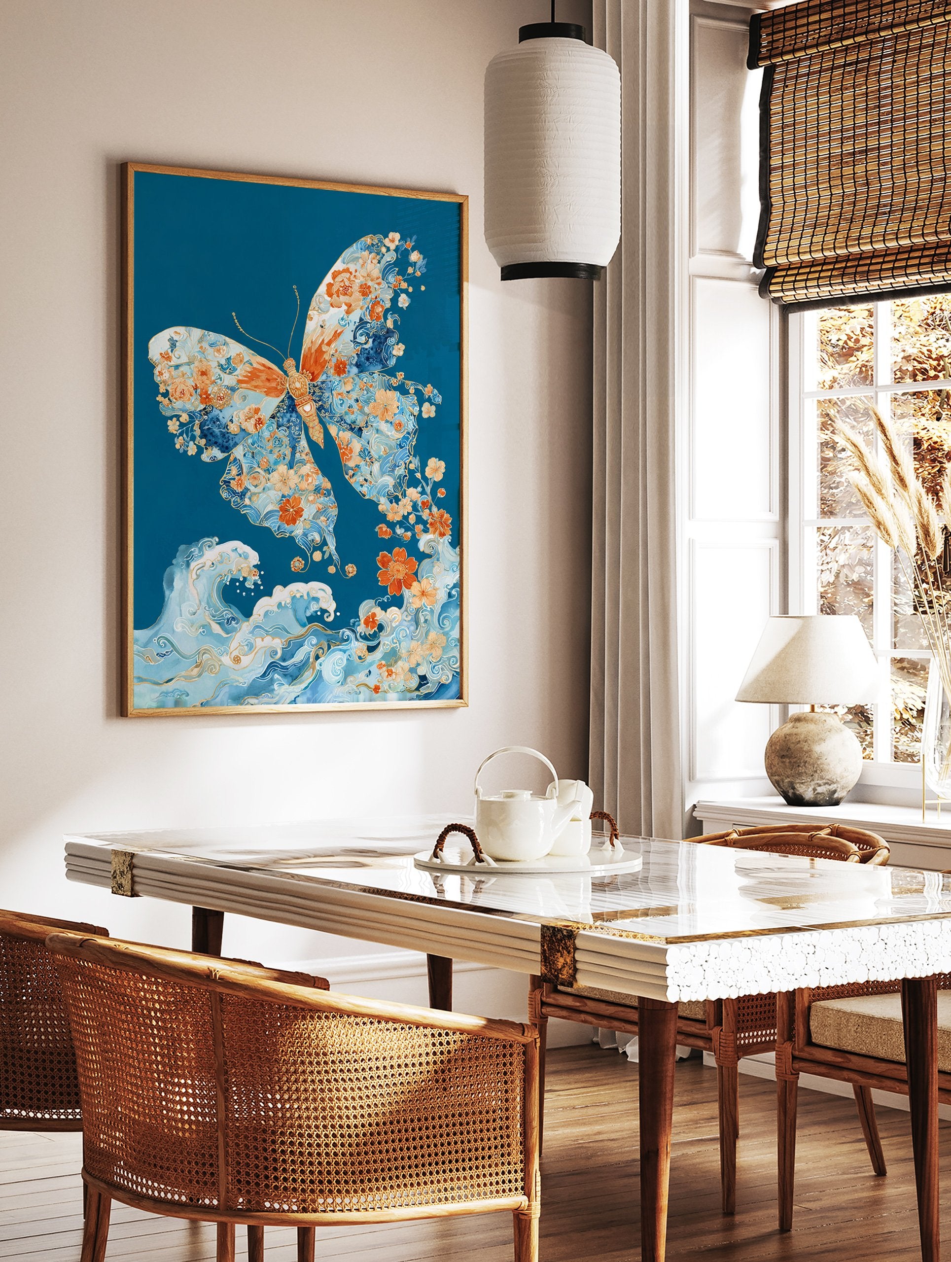 Butterfly poster with intricate orange floral patterns and blue waves on a deep teal background, Japanese art style. - Image 2