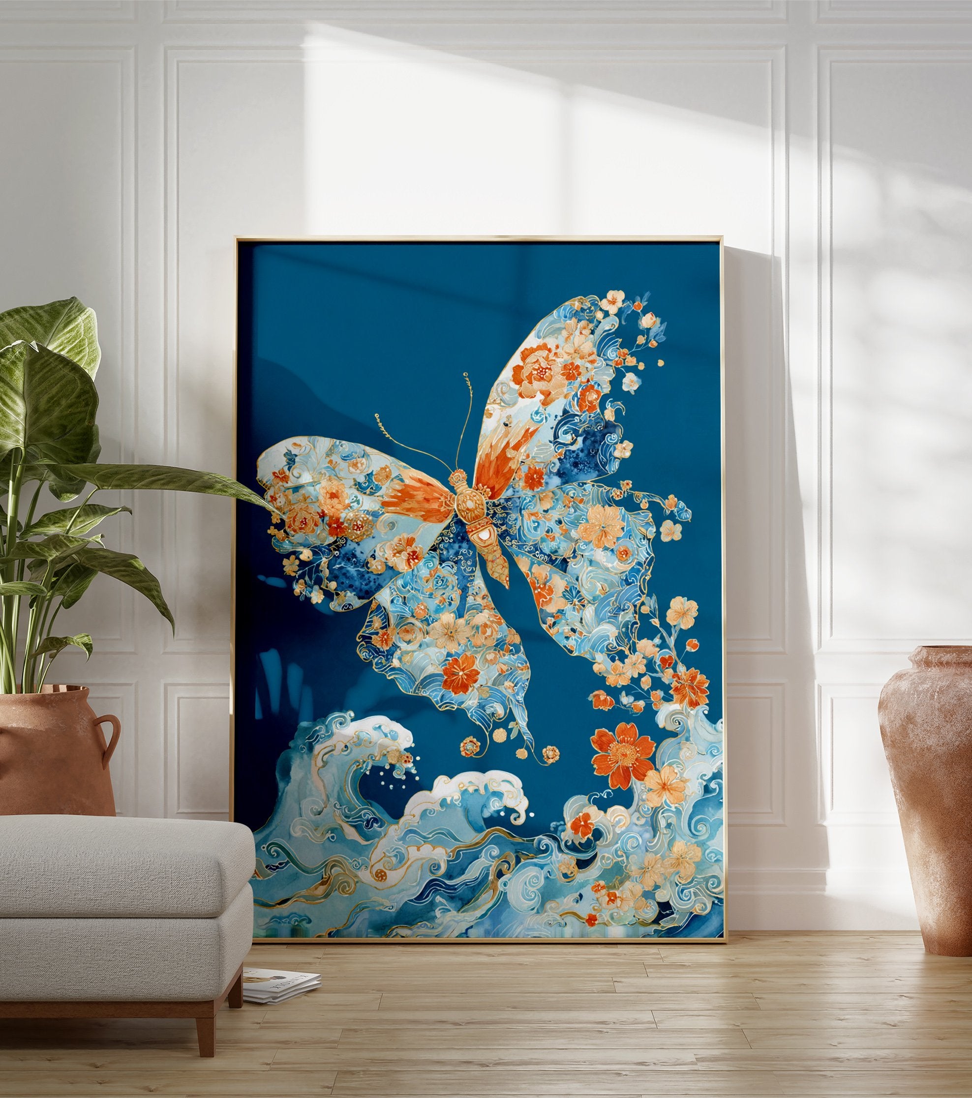 Butterfly poster with intricate orange floral patterns and blue waves on a deep teal background, Japanese art style. - Image 3