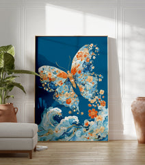 Butterfly poster with intricate orange floral patterns and blue waves on a deep teal background, Japanese art style. - Image 3
