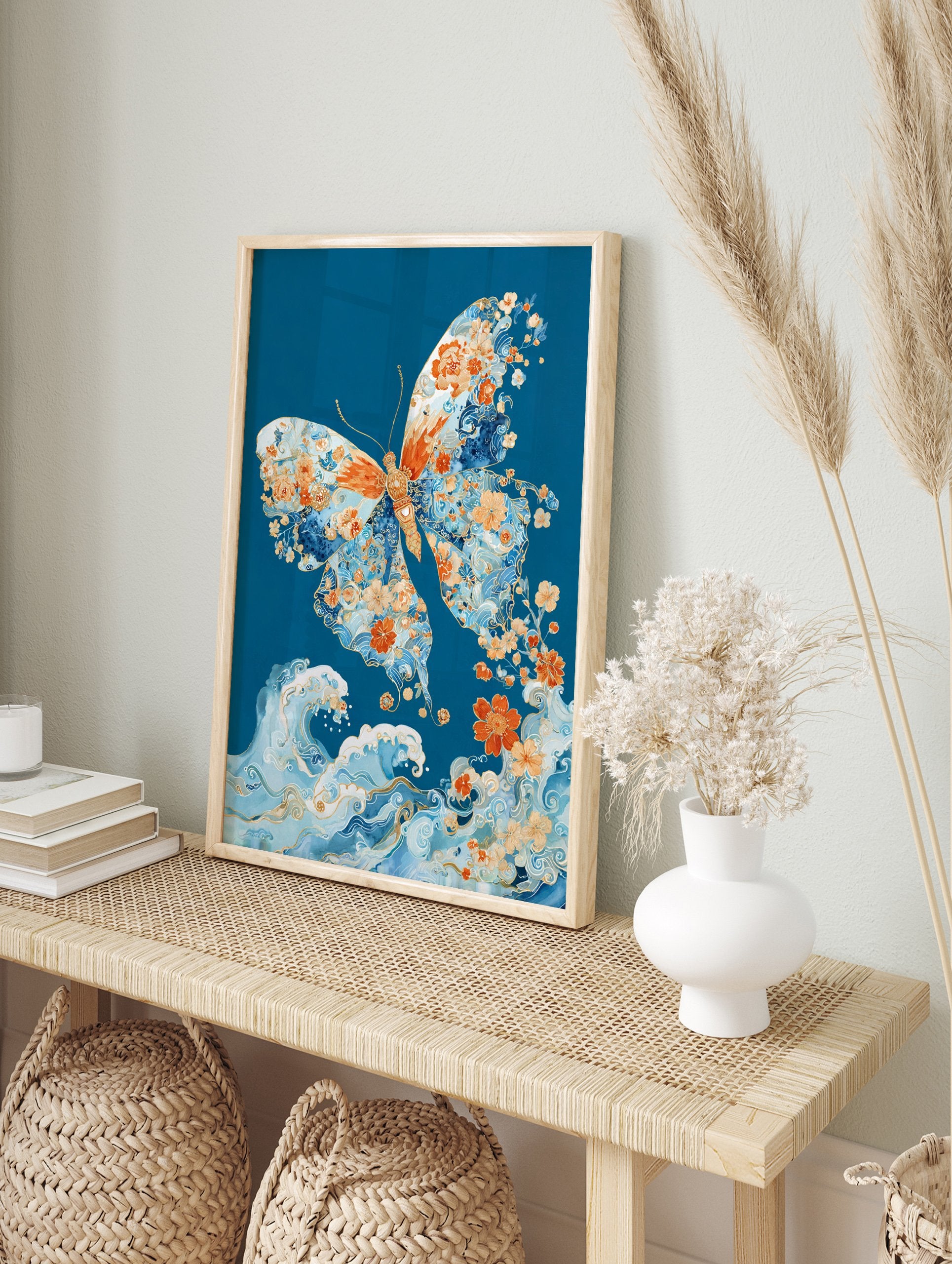 Butterfly poster with intricate orange floral patterns and blue waves on a deep teal background, Japanese art style. - Image 4