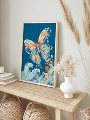 Butterfly poster with intricate orange floral patterns and blue waves on a deep teal background, Japanese art style. - Image 4