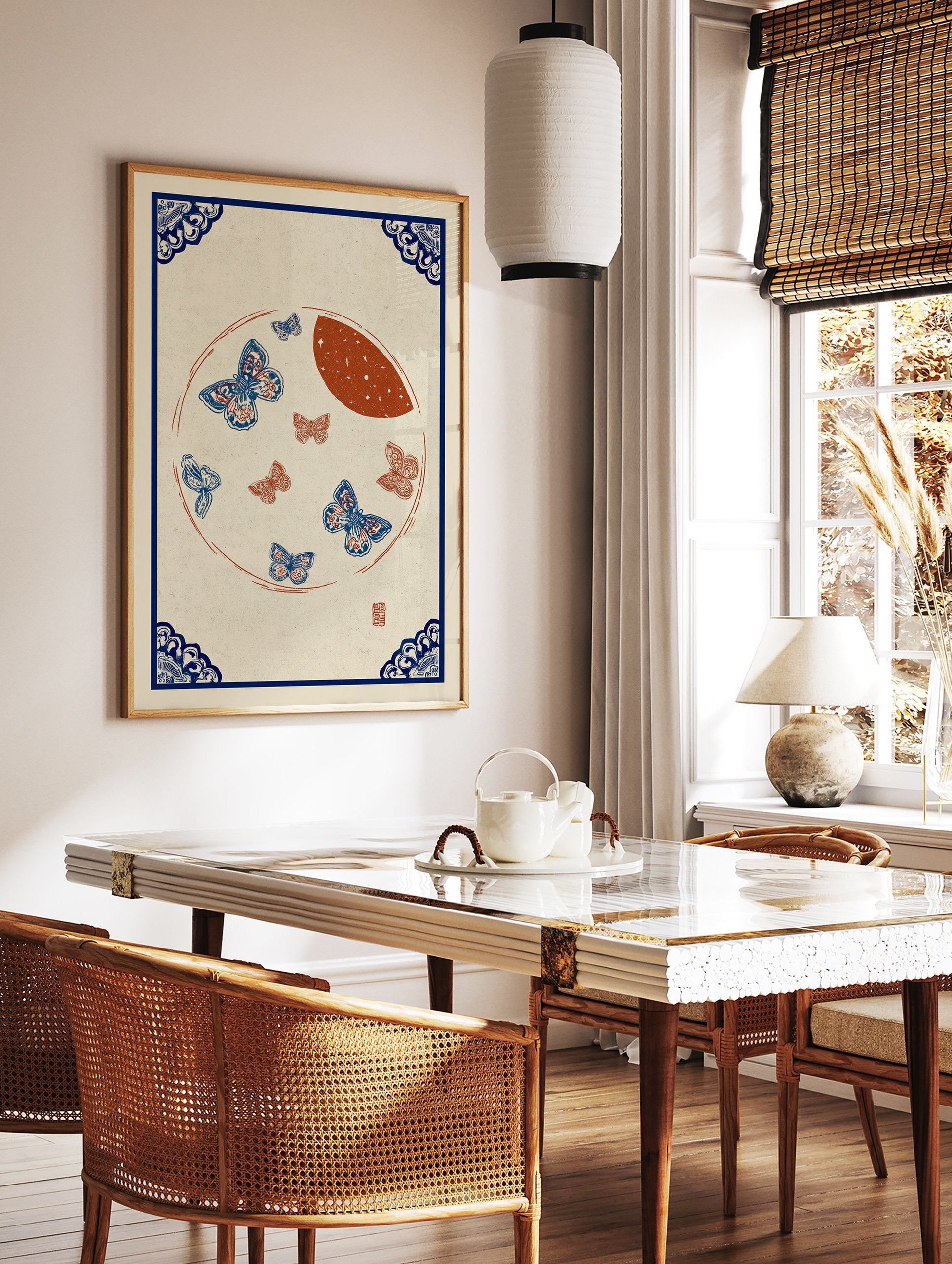 Traditional blue and red butterfly wall art print with a moon and ornate blue corner borders on a light background. - Image 3