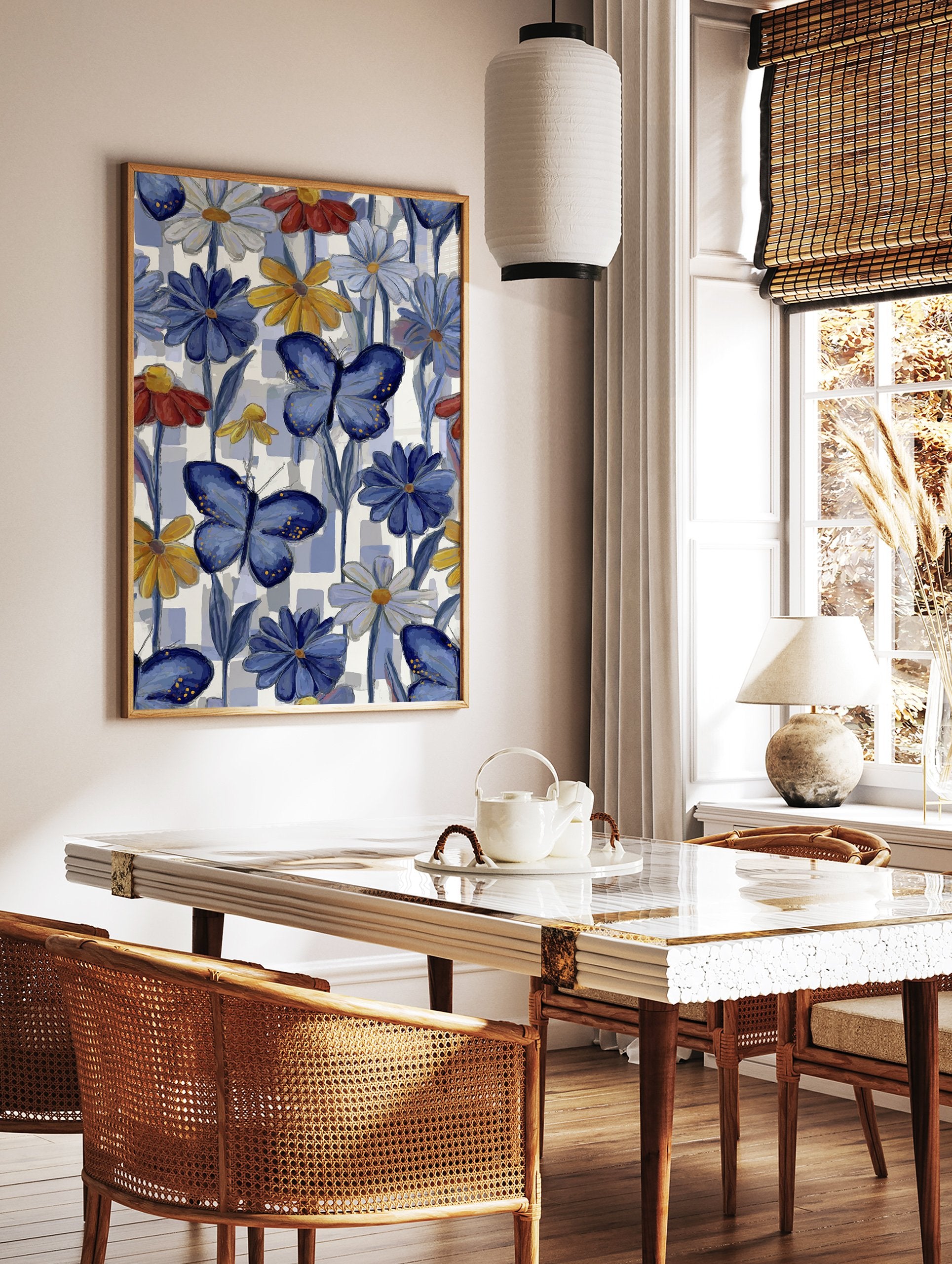 Vibrant butterfly wall art featuring blue butterflies and colorful daisy flowers on a blue and white checkered background. - Image 2