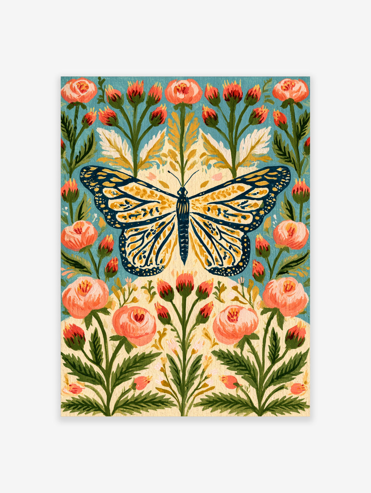 Butterfly art print with peach roses and green foliage on teal and cream background