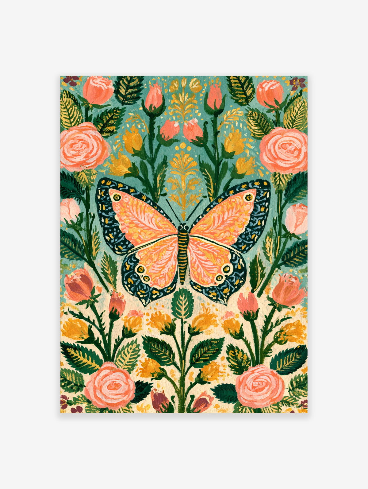 Botanical butterfly art print with orange and teal wings among pink roses and yellow buds on a teal background