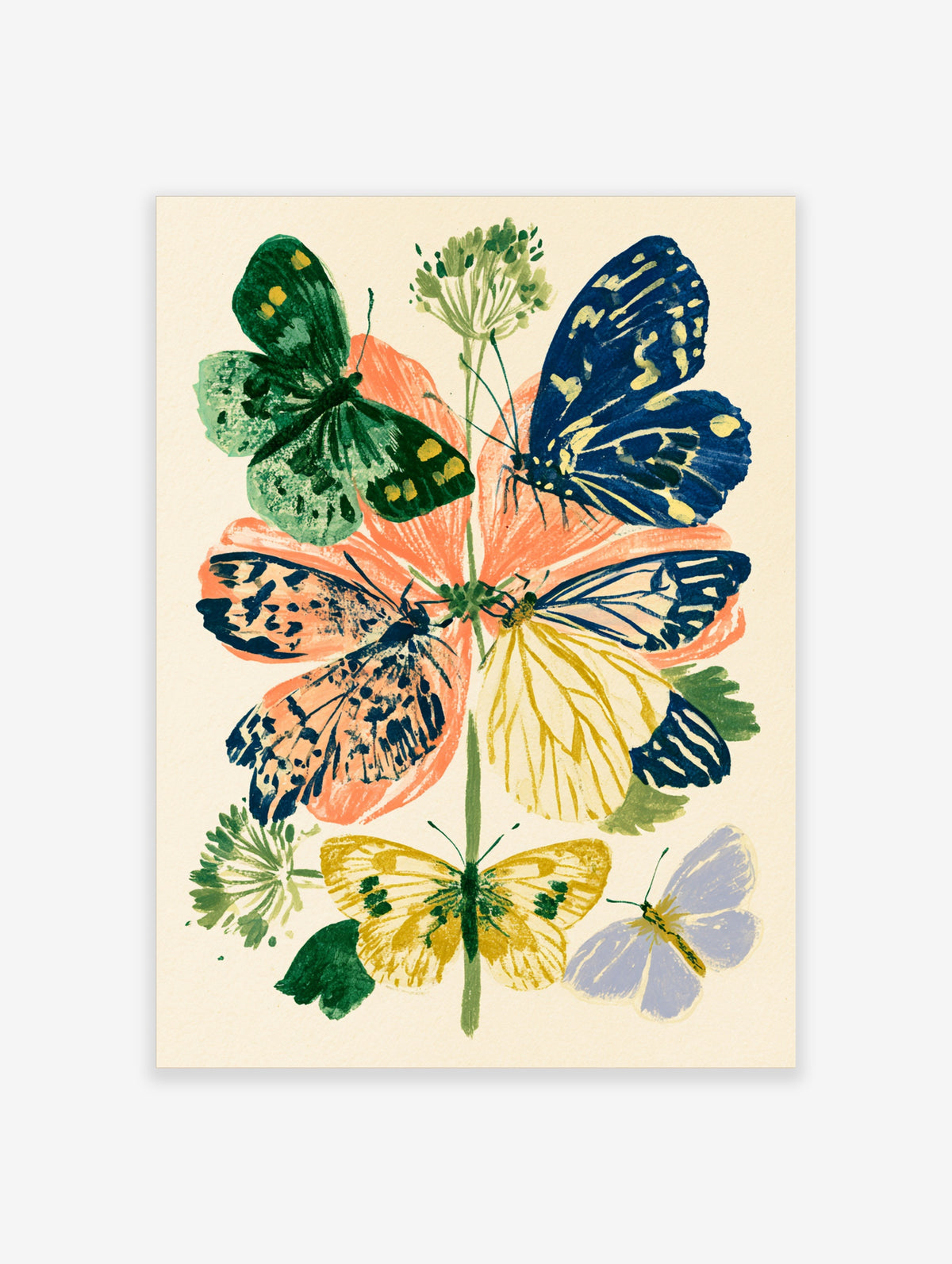 Colourful butterfly art print with five painted insects around a coral flower and green stem on cream