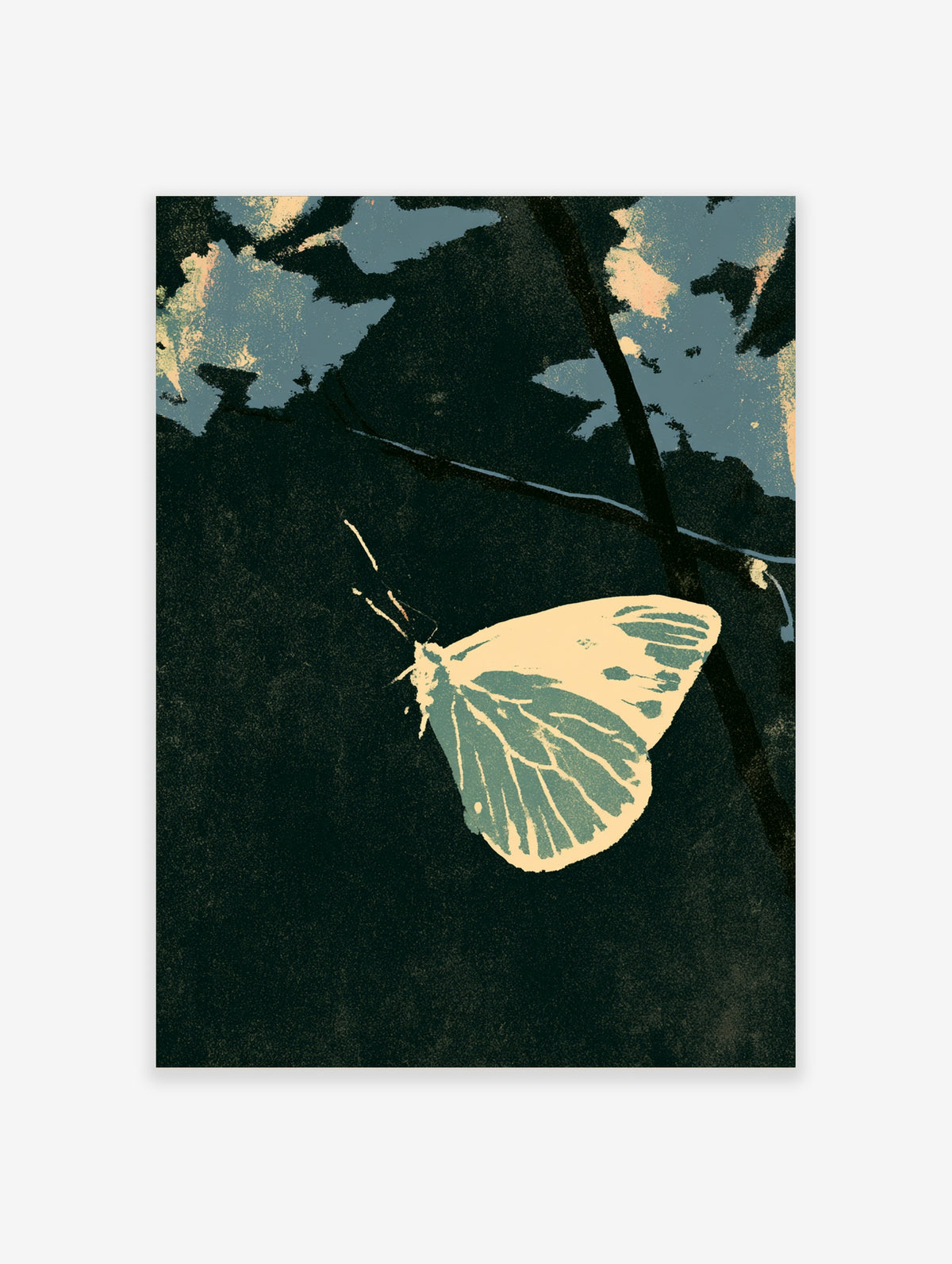 Cream and teal butterfly art print on textured dark green background with branch detail