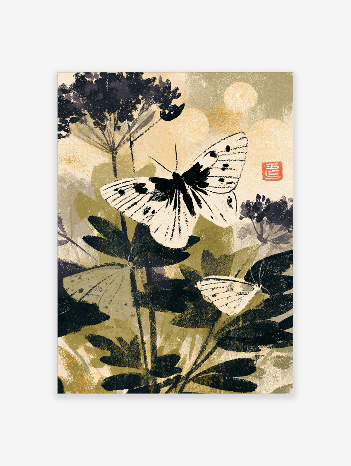 Japanese butterfly art print with three white butterflies and dark leaves on cream background