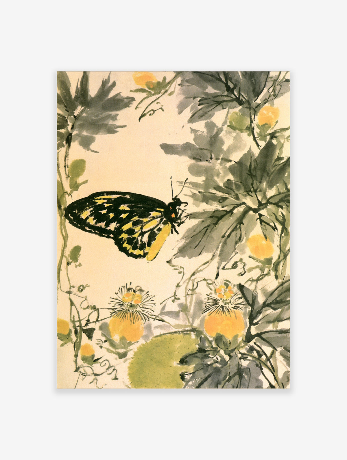 Japanese ink painting of a yellow and black butterfly beside yellow flowers and grey-green leaves