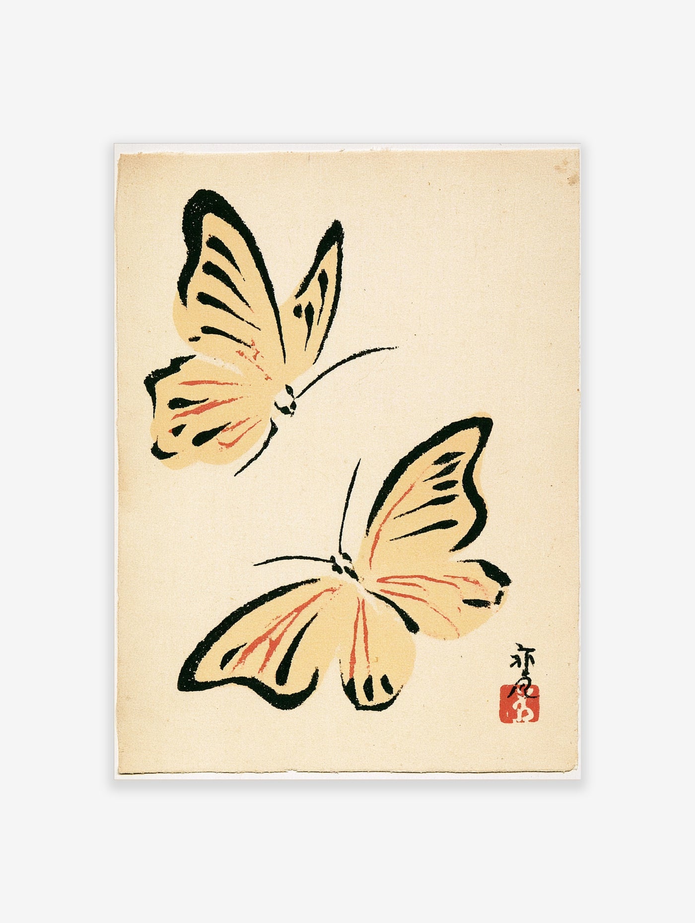 Japanese woodblock style art print featuring two yellow butterflies with black markings and a red seal stamp