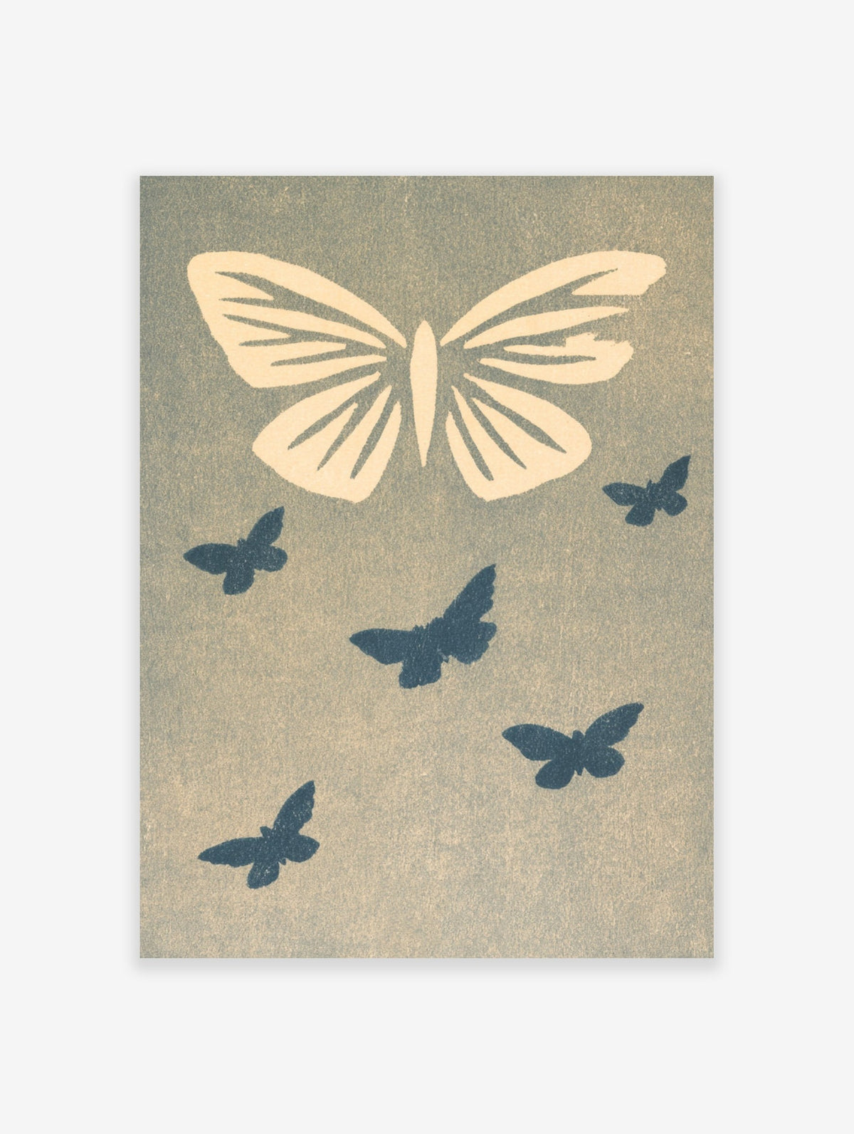 Minimalist butterfly wall art with one large cream insect and five smaller blue silhouettes on a textured grey background
