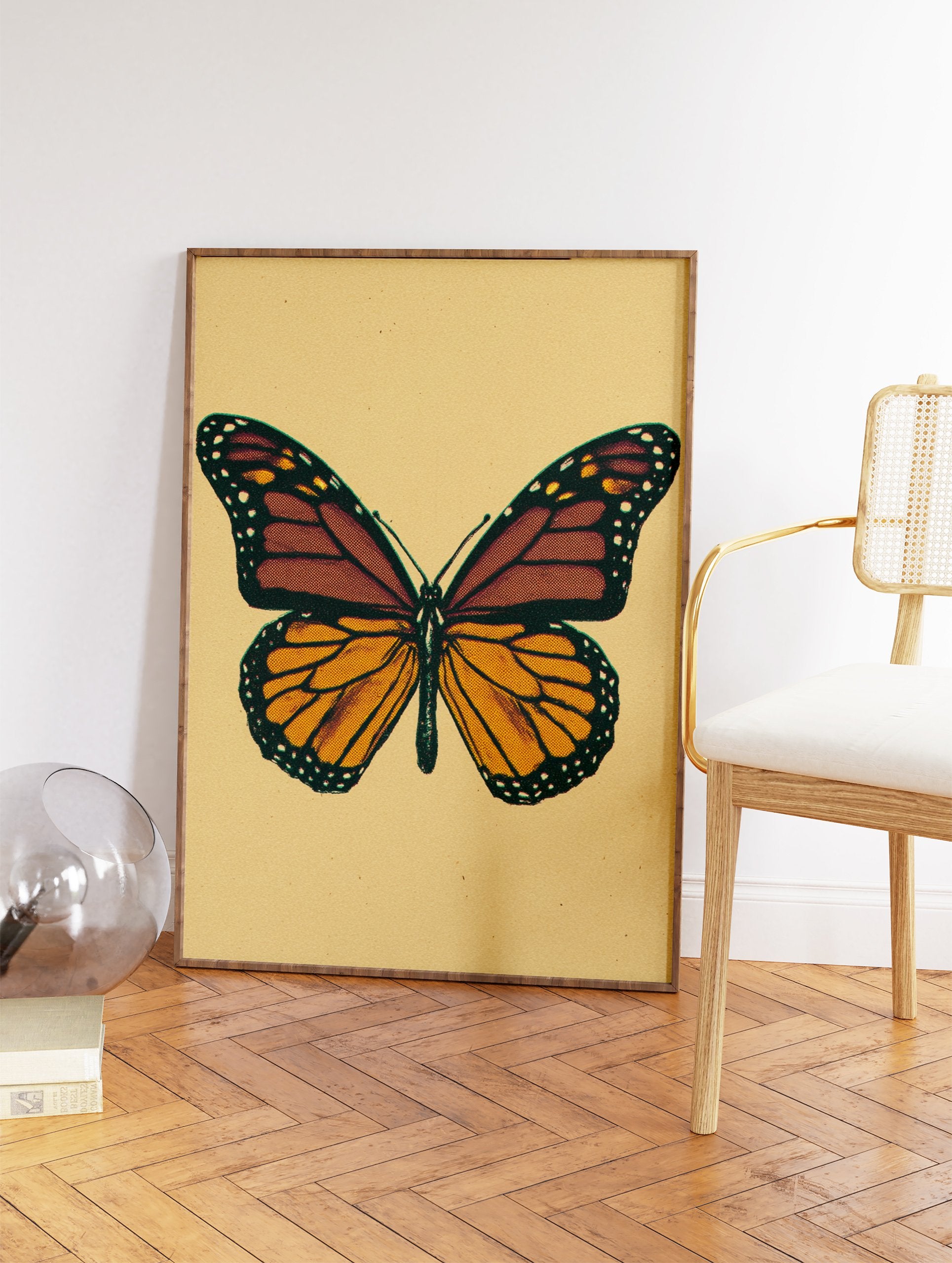 Vintage monarch butterfly illustration art print with orange and brown wings on a beige textured background. - Image 2