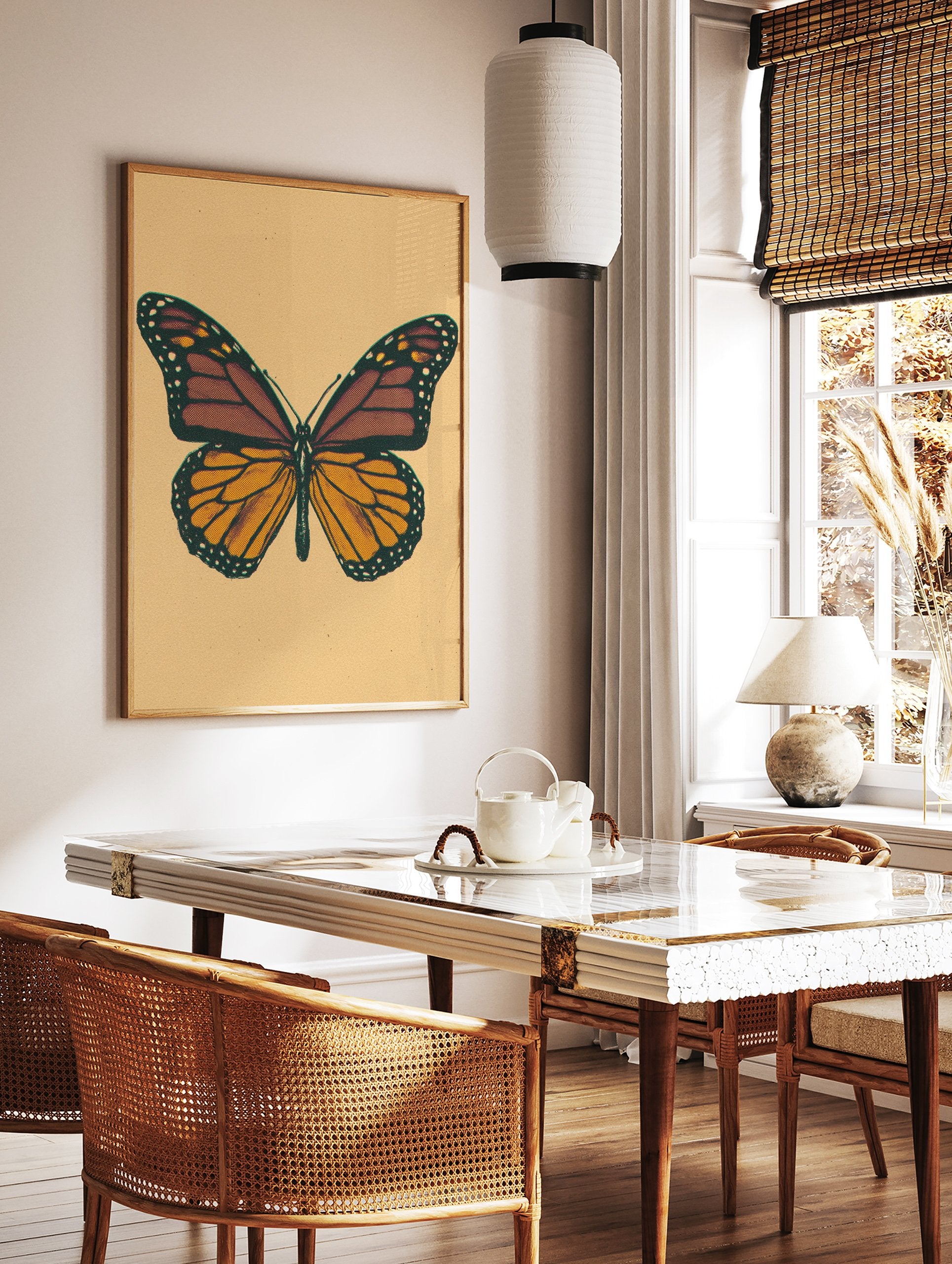 Vintage monarch butterfly illustration art print with orange and brown wings on a beige textured background. - Image 3