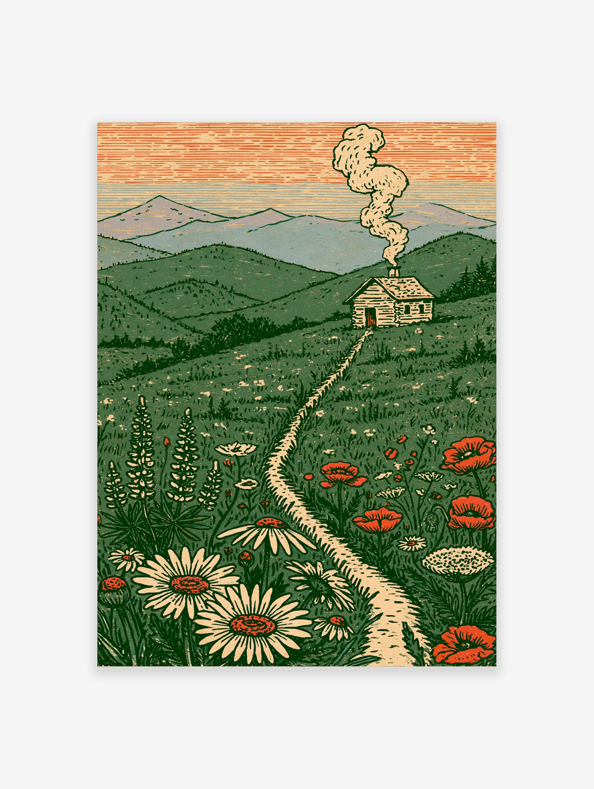 Cabin in meadow wall art with daisies, poppies, mountains, and smoke from chimney
