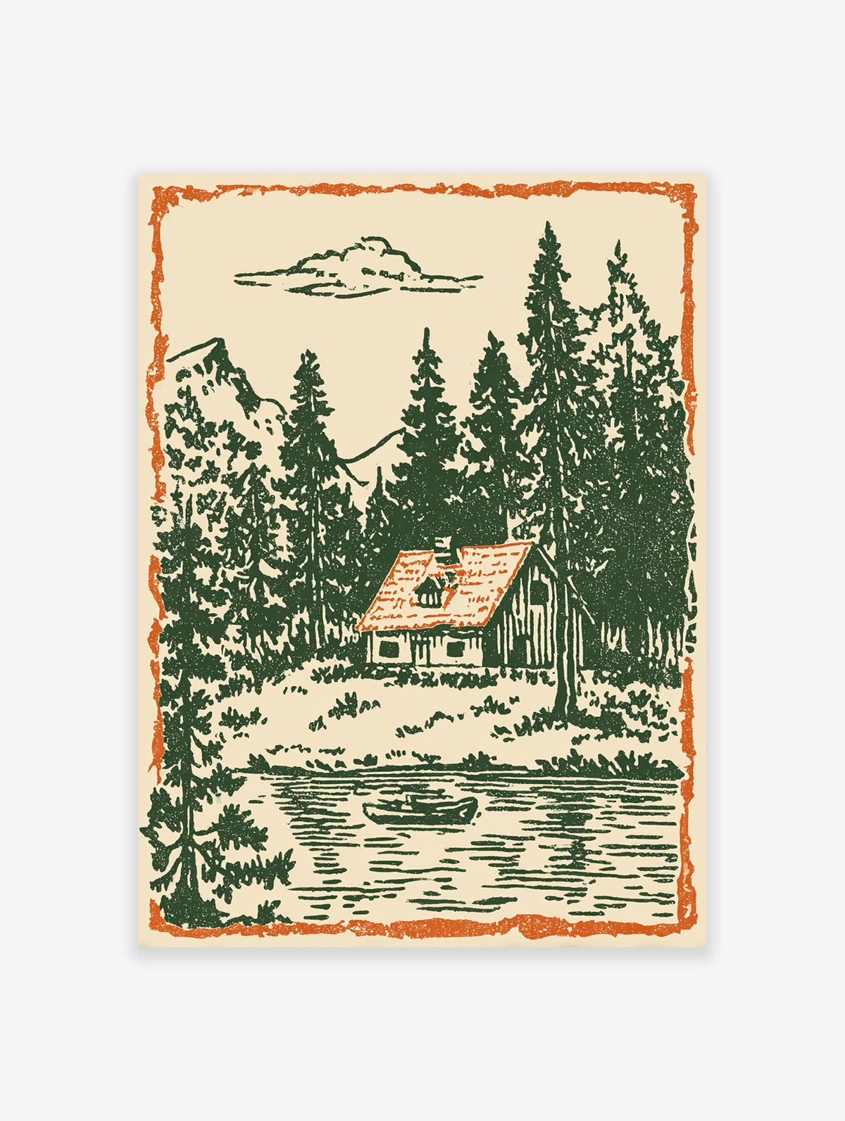 Vintage illustration of a cabin by a lake with green pine trees, mountains, and an orange border.