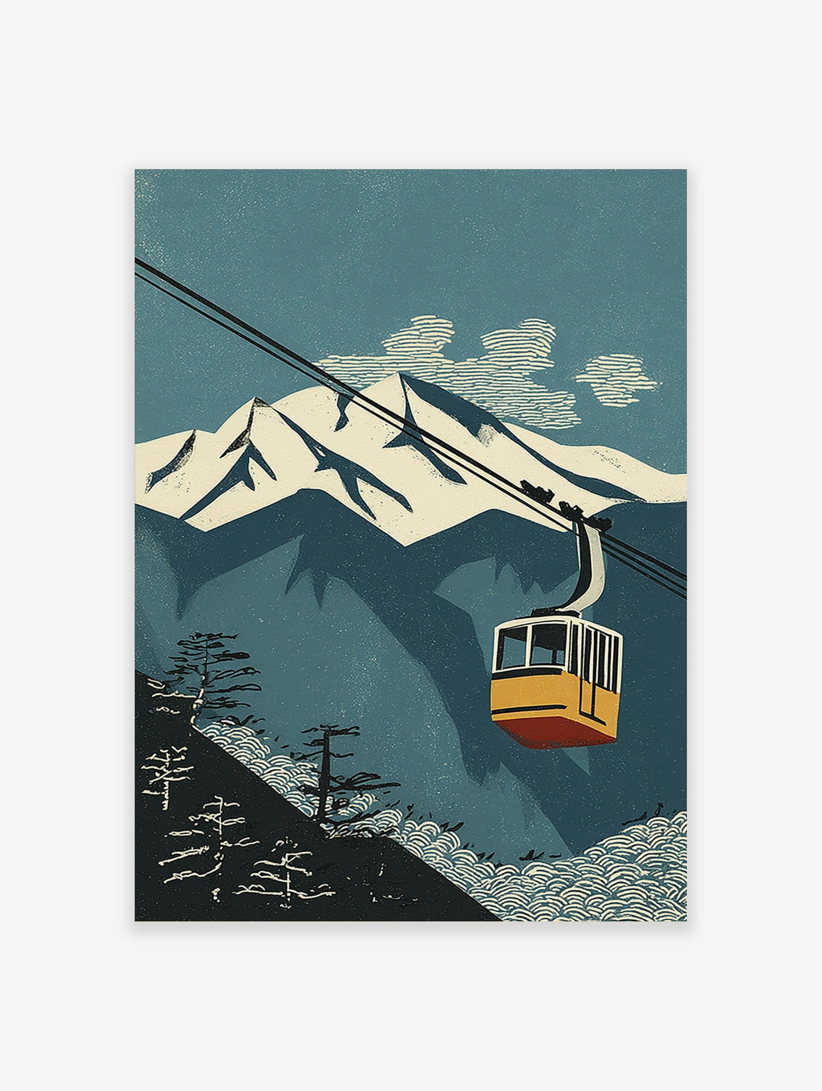 Retro cable car poster with snow-capped mountains, pine trees, and stylised clouds in teal and cream