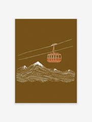 Illustrative art print of a red cable car over white snow-capped mountains on a brown background