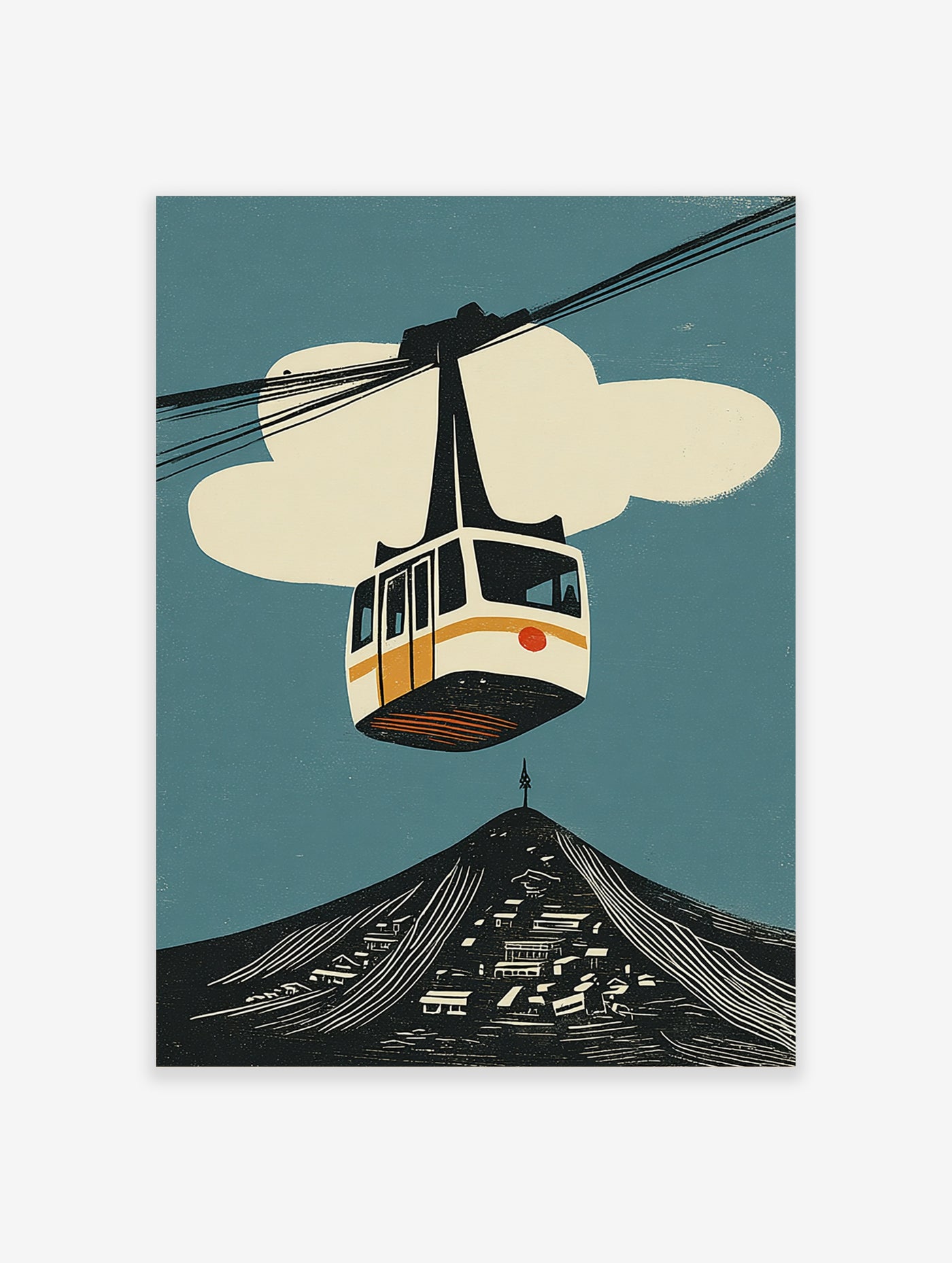 Retro cable car poster with white gondola, orange stripe, red circle, dark mountain village, teal sky, cream cloud