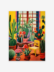 Colorful cacti garden poster with various succulents, red flowers, a yellow chair, and a window view, in an illustrative style.