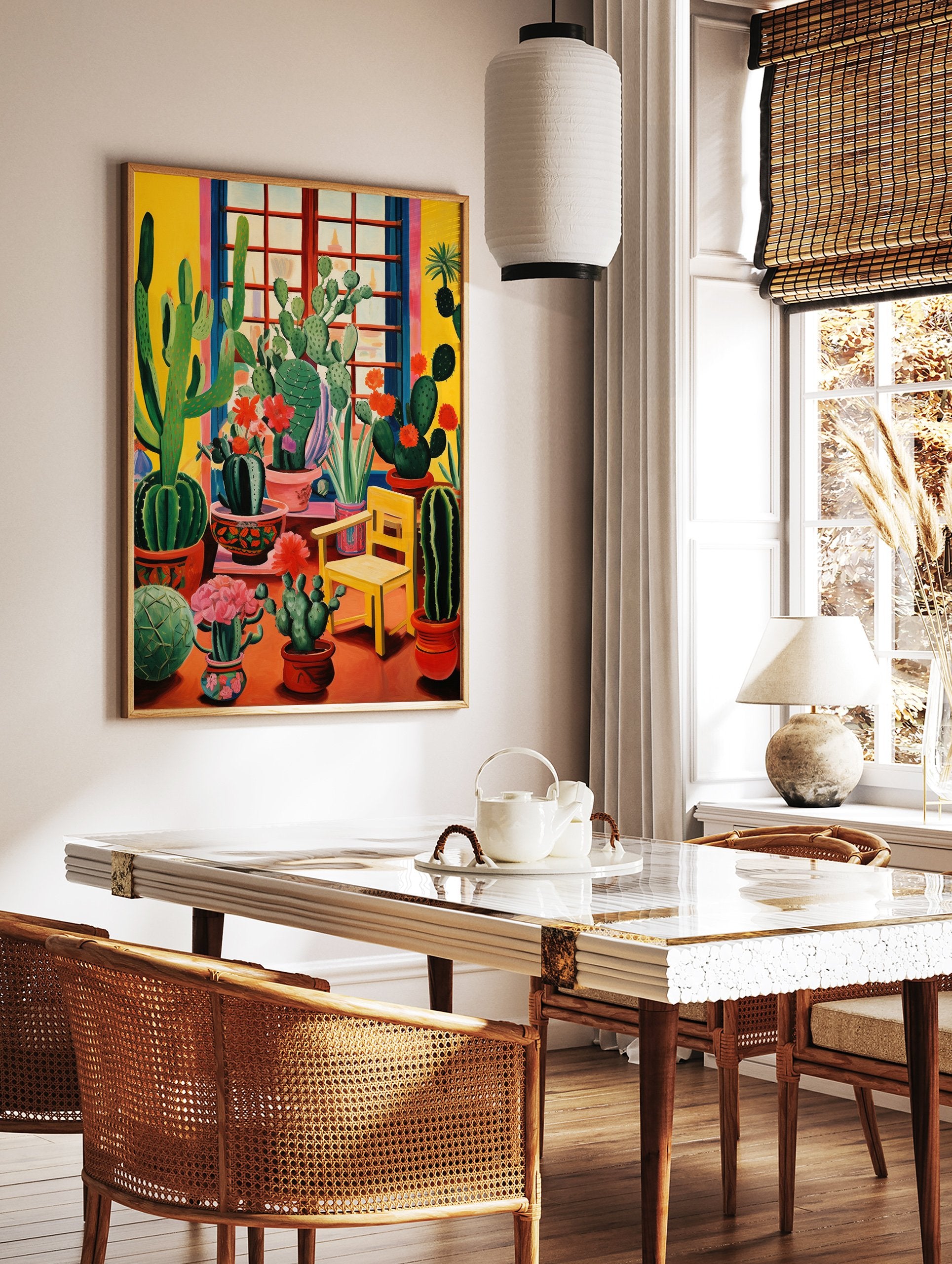 Colorful cacti garden poster with various succulents, red flowers, a yellow chair, and a window view, in an illustrative style. - Image 2