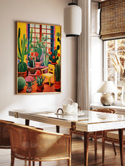 Colorful cacti garden poster with various succulents, red flowers, a yellow chair, and a window view, in an illustrative style. - Image 2