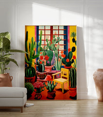 Colorful cacti garden poster with various succulents, red flowers, a yellow chair, and a window view, in an illustrative style. - Image 3
