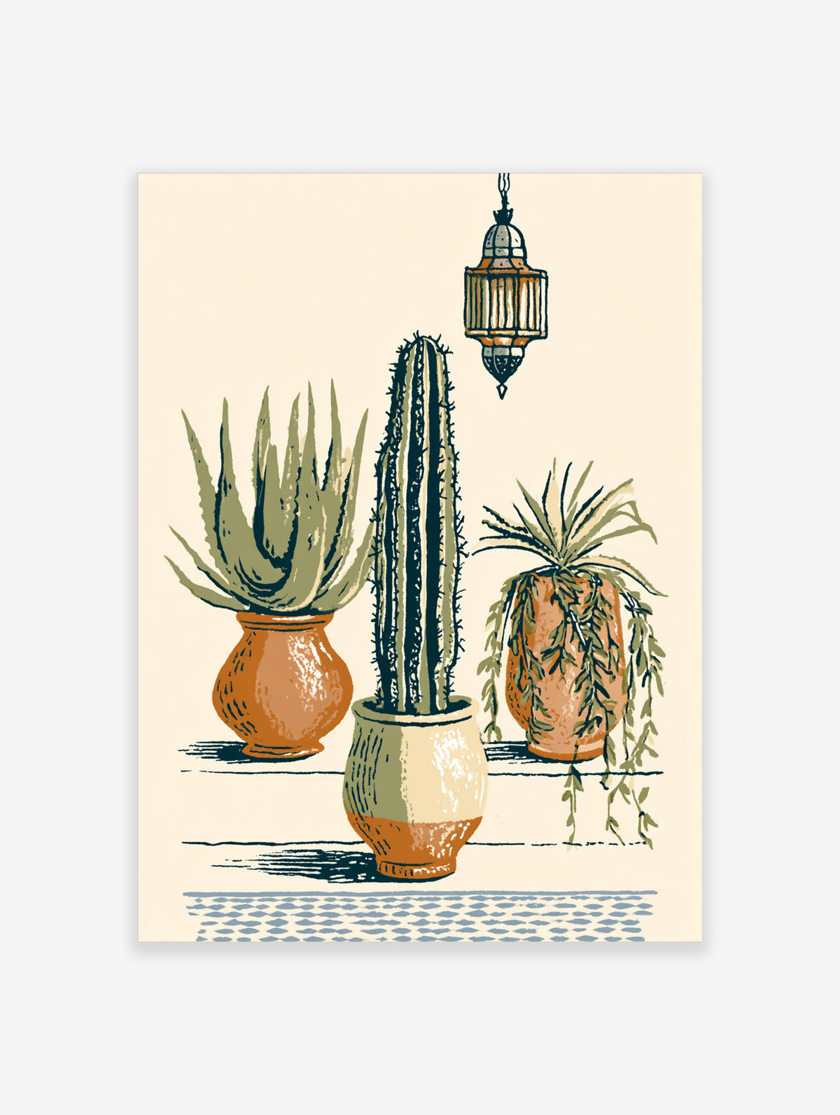 Botanical poster print of three potted cacti and succulents on a shelf with a hanging lantern