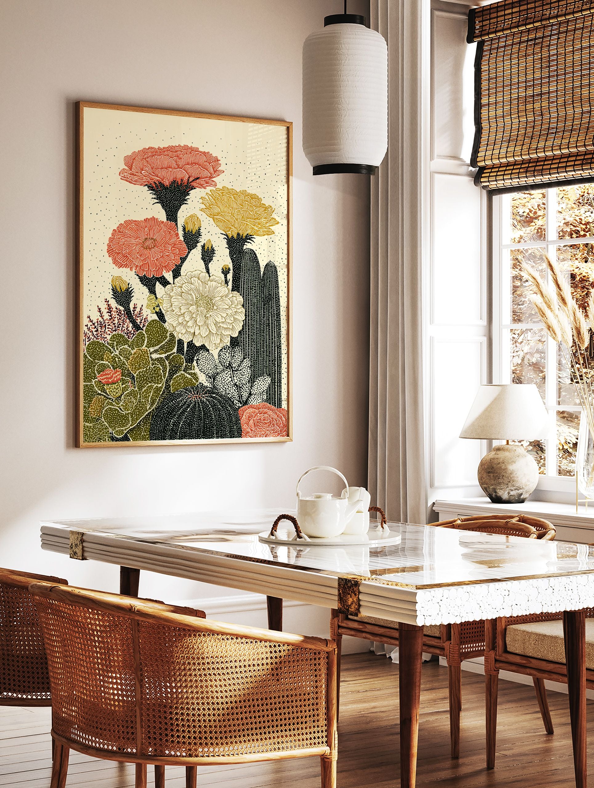 Illustrated cactus botanical poster with red, yellow, and cream flowers and green and black cacti on a light background. - Image 2