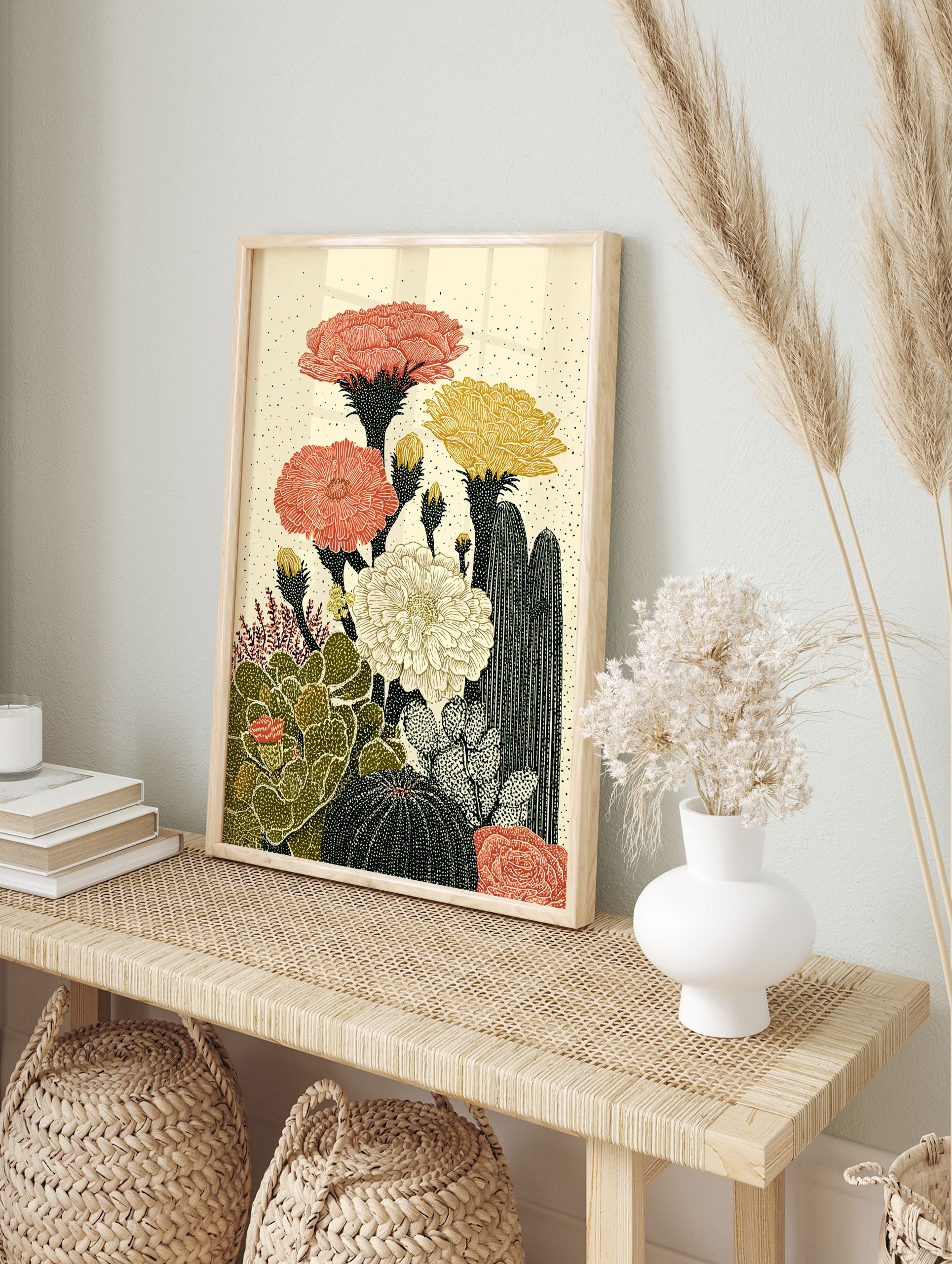 Illustrated cactus botanical poster with red, yellow, and cream flowers and green and black cacti on a light background. - Image 4