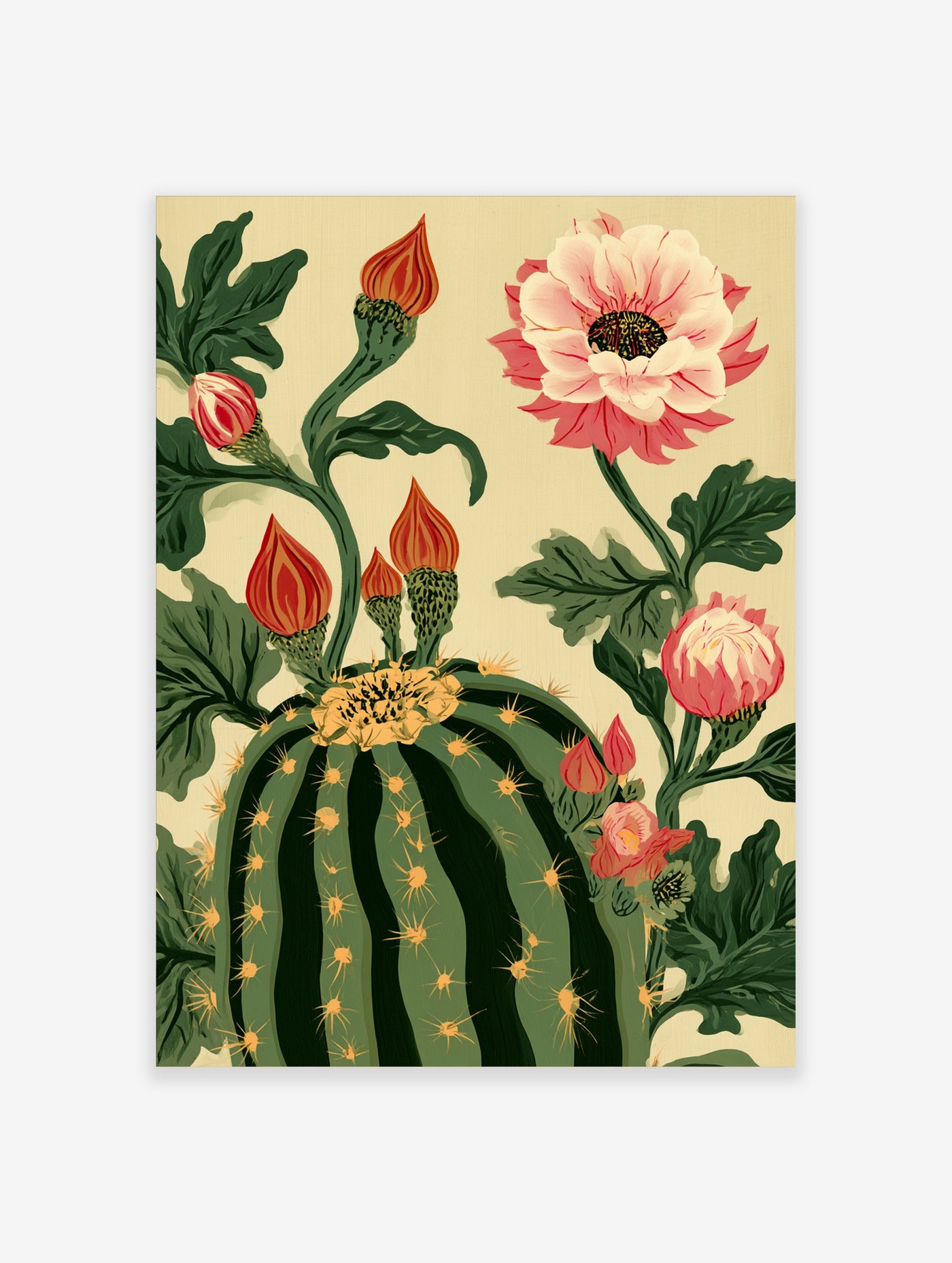 Botanical illustration of a green cactus with pink flowers and leafy stems on a cream background, wall art print