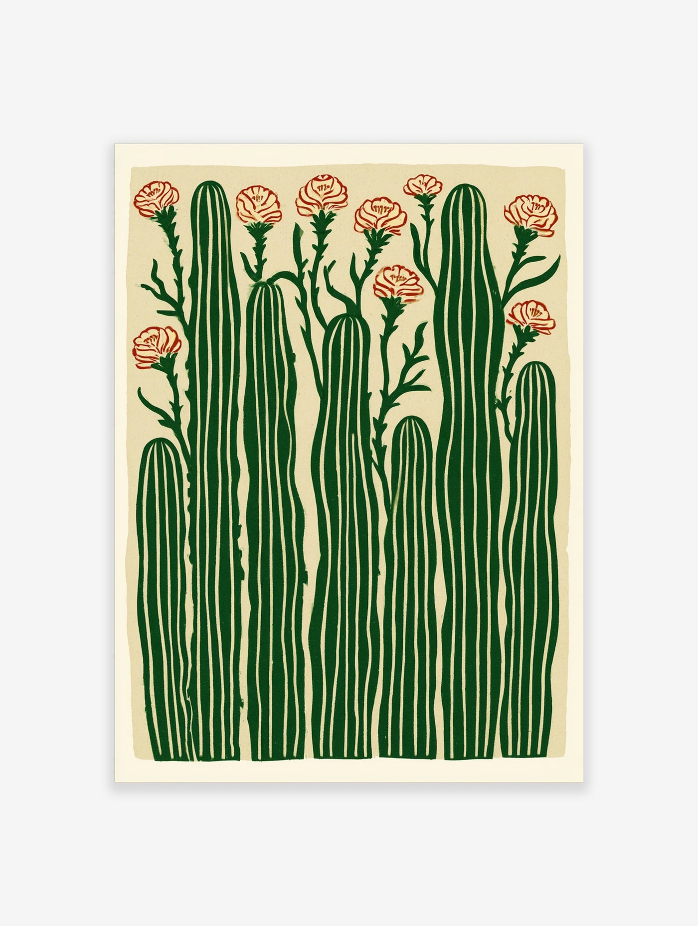 Botanical illustration of tall green cacti with red flowers on a beige background, unframed art print