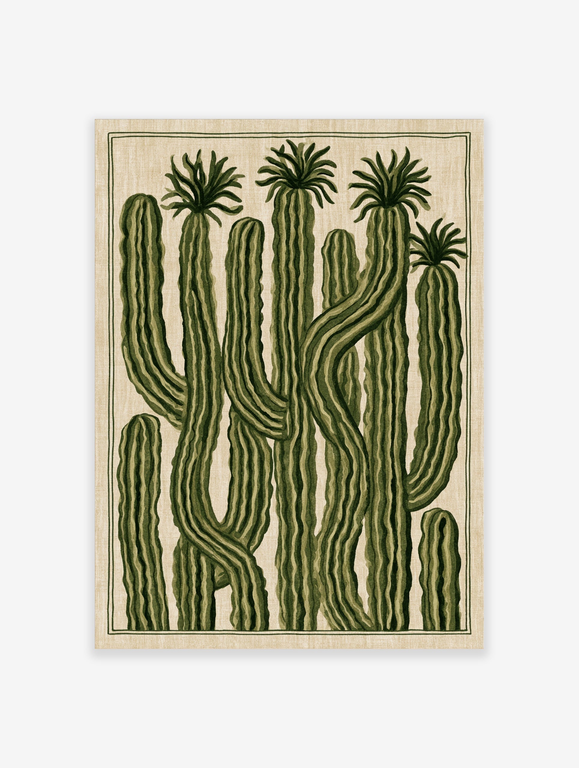 Illustrative botanical wall art print featuring tall green cacti with ribbed textures on a beige background