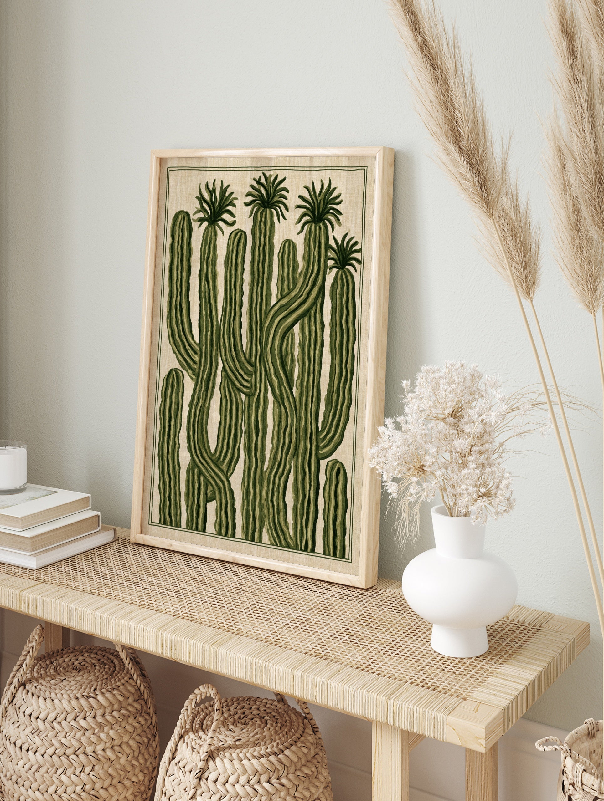 Illustrative botanical wall art print featuring tall green cacti with ribbed textures on a, in an alternate framed mockup