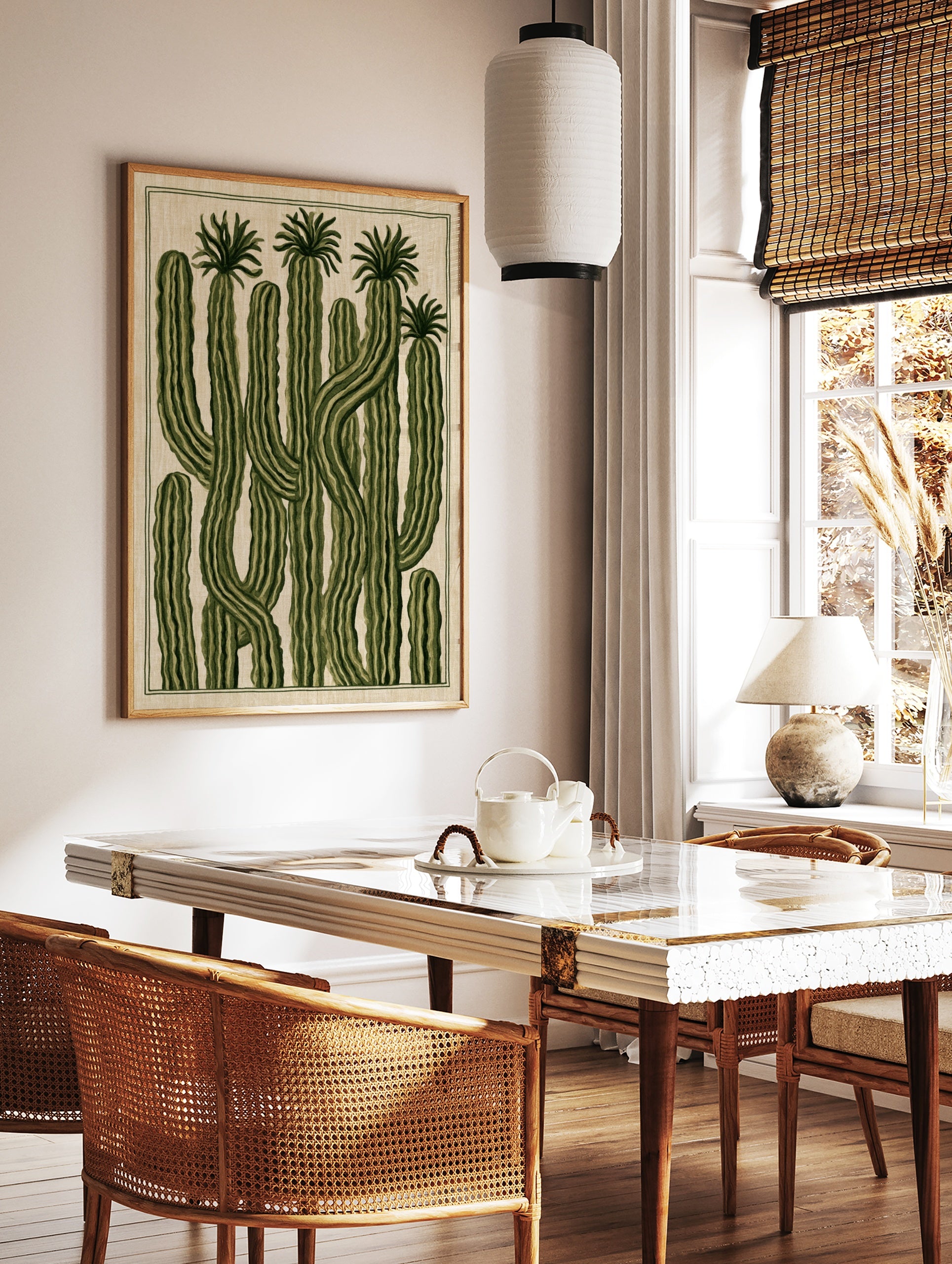 Illustrative botanical wall art print featuring tall green cacti with ribbed textures on a beige, in a styled room mockup