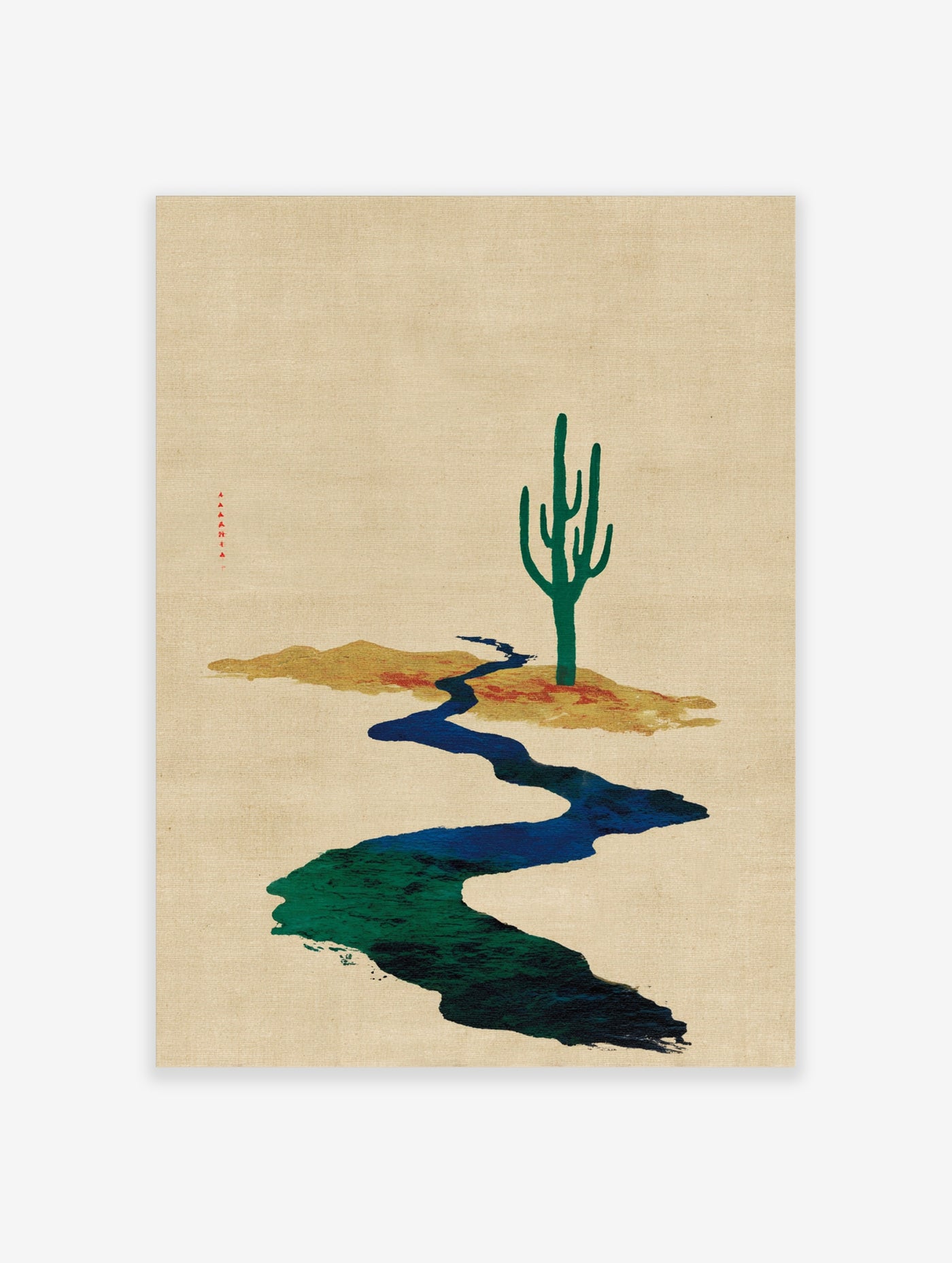 Minimalist desert poster with green saguaro cactus, winding blue river, and red accents on beige background