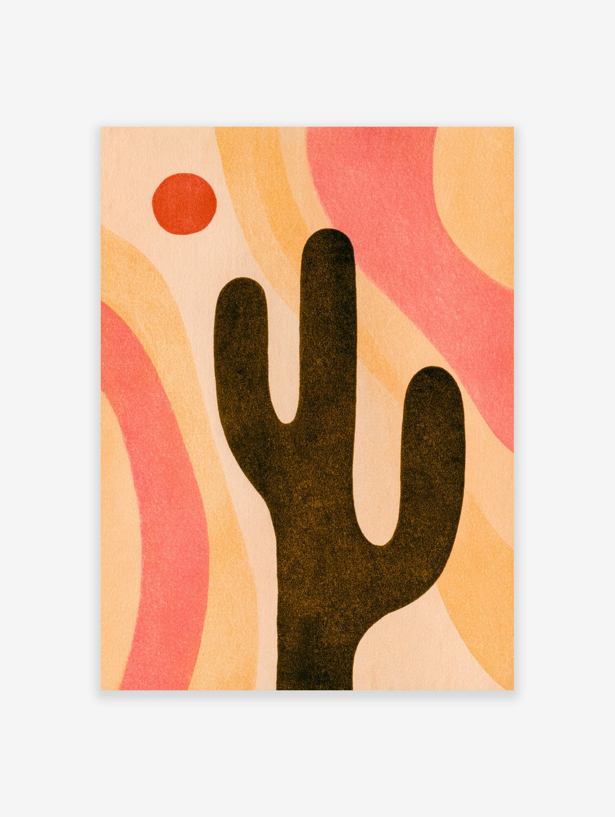 Abstract cactus silhouette print with wavy orange and pink background shapes and a round sun on paper background