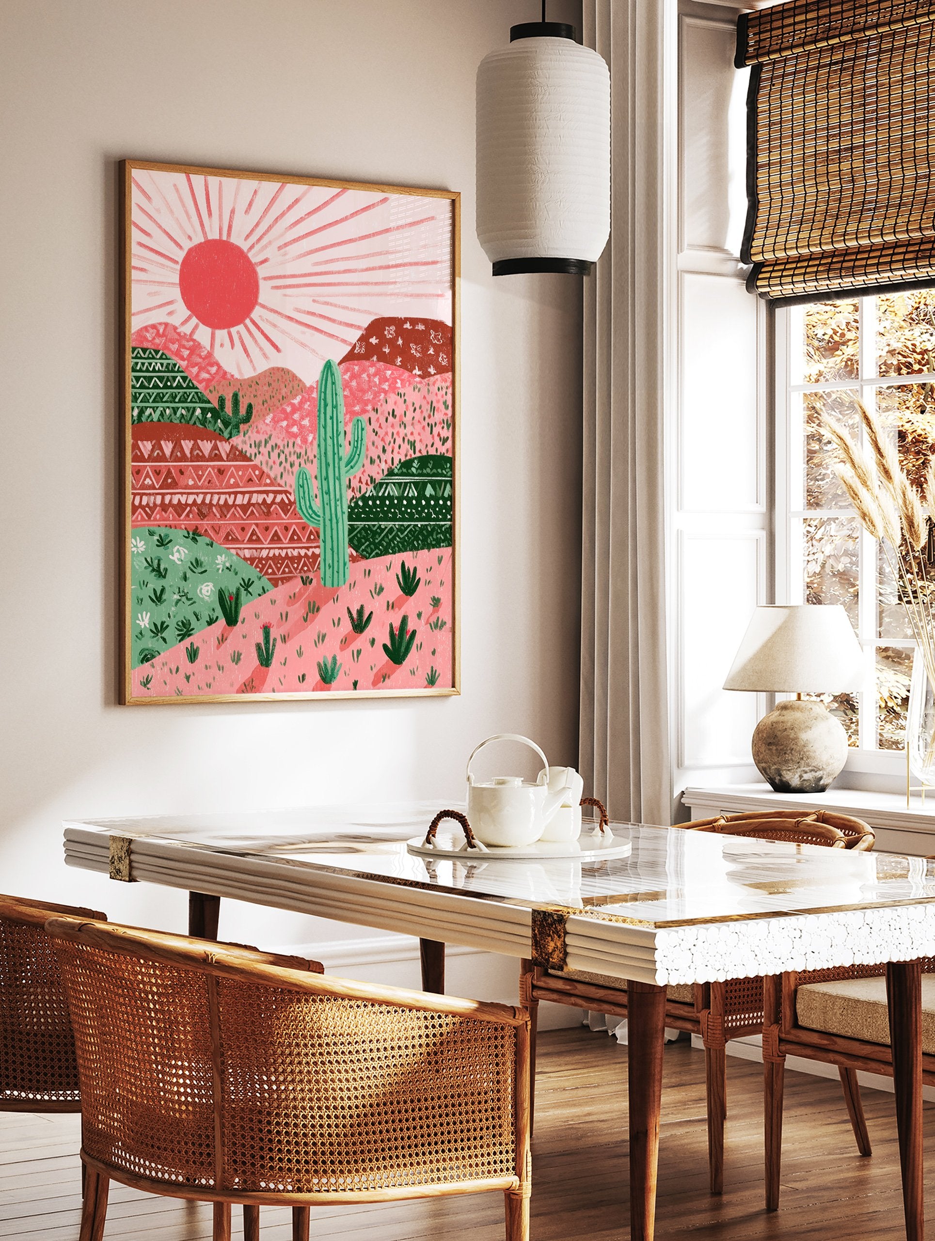 Illustrated cactus desert landscape wall art with pink and red mountains, green cactuses, and a bright sun. - Image 2