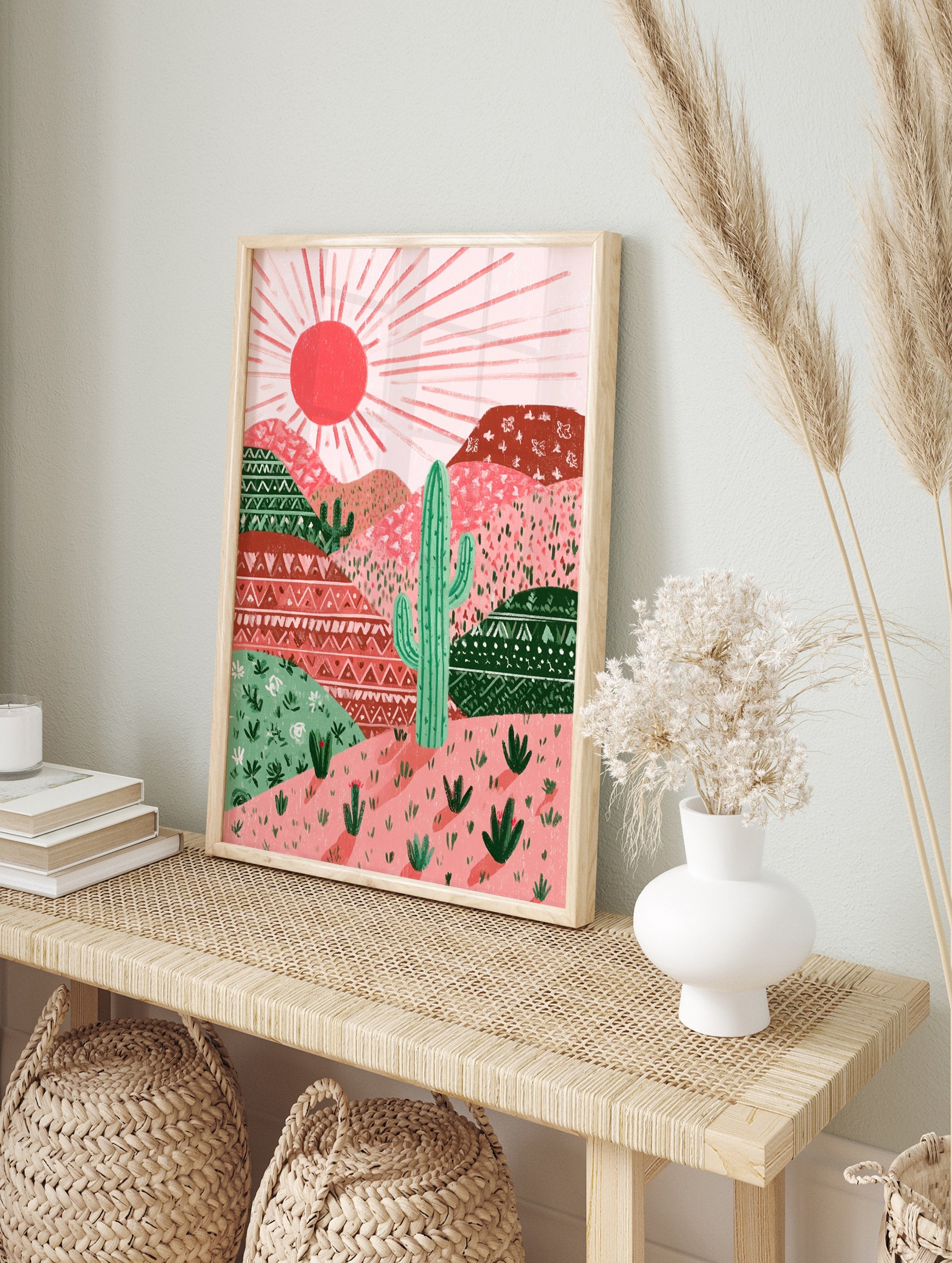 Illustrated cactus desert landscape wall art with pink and red mountains, green cactuses, and a bright sun. - Image 3